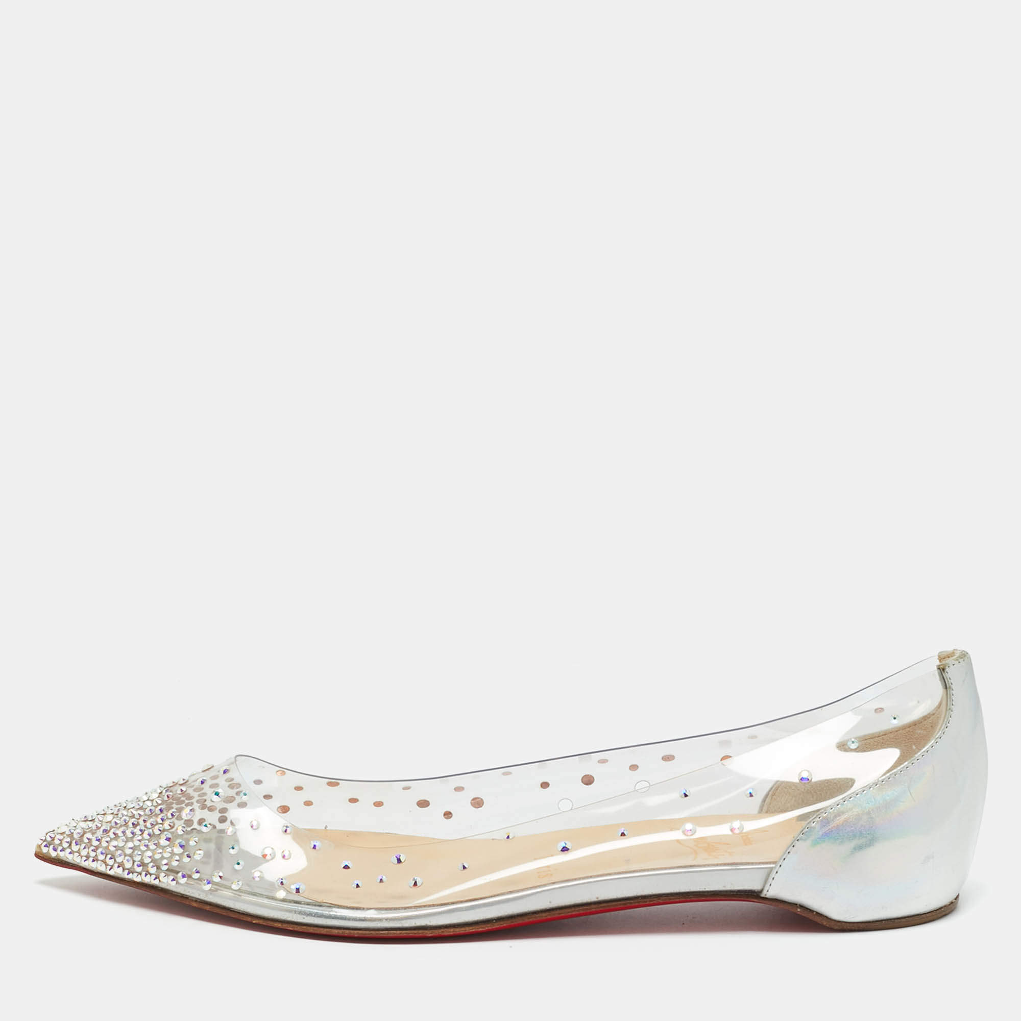 Pre Owned Christian Louboutin Silver/Transparent Leather and PVC Crystal Embellished Degrassita Ballet Flats Size 37