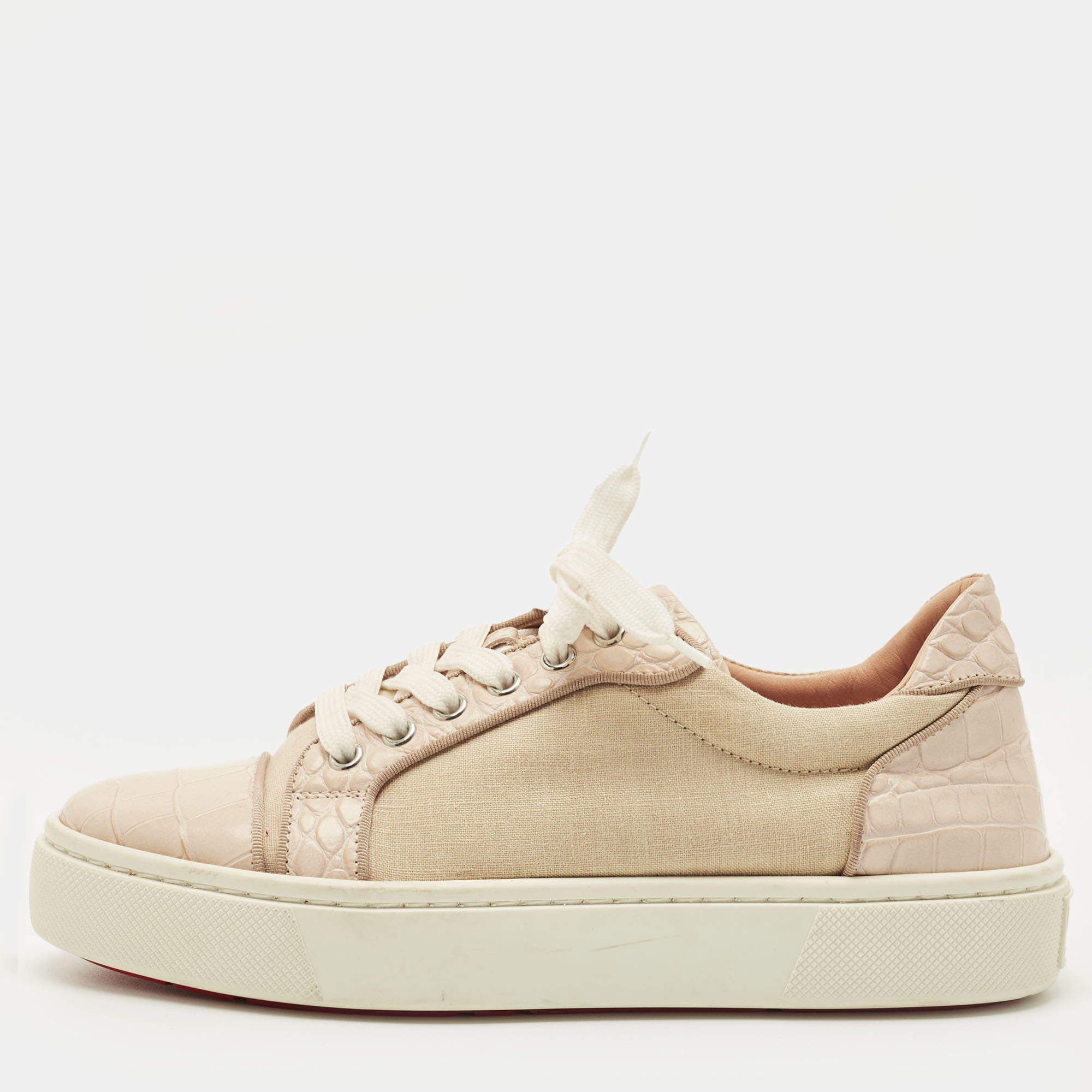Pre Owned Christian Louboutin Cream/Beige Canvas and Croc Embossed Leather Vieirissima Low Top Sneakers Size 38