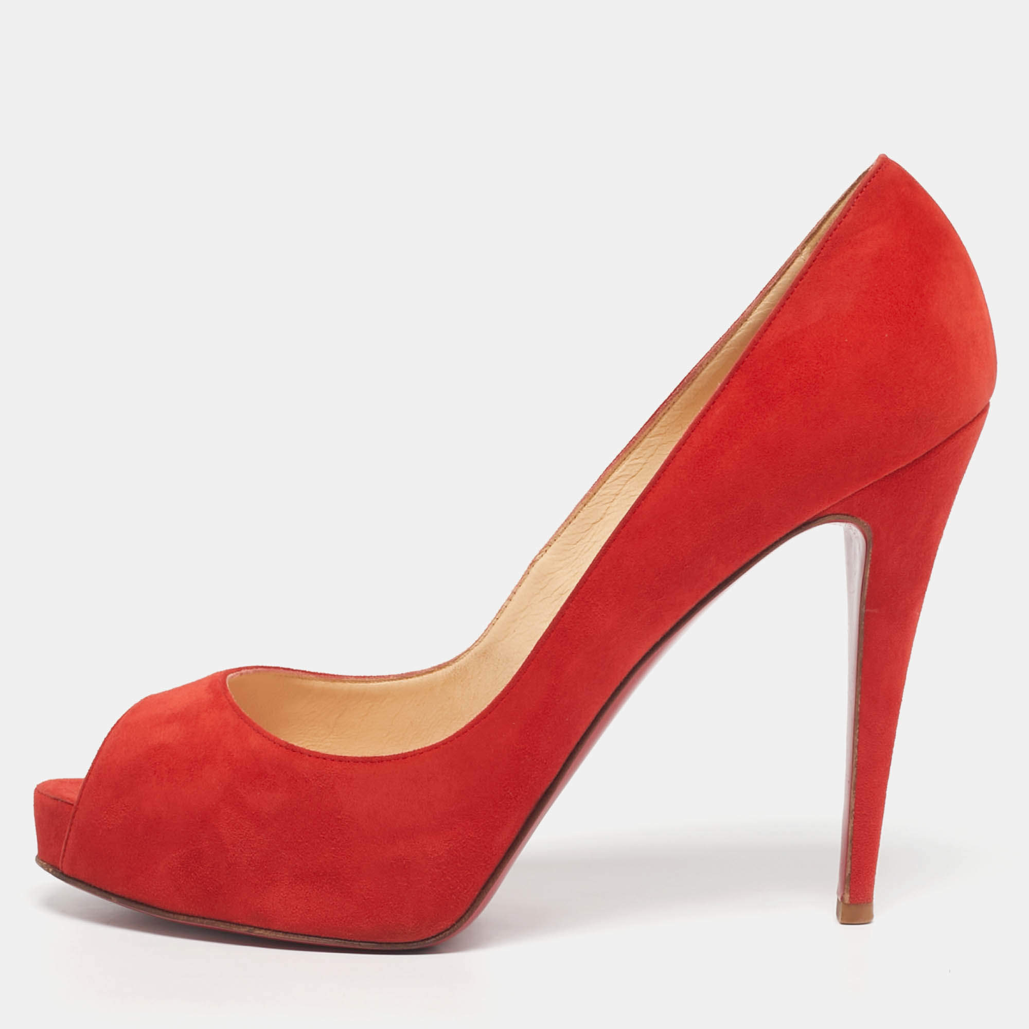 Pre Owned Christian Louboutin Red Suede Very Prive Peep Toe Pumps Size 41