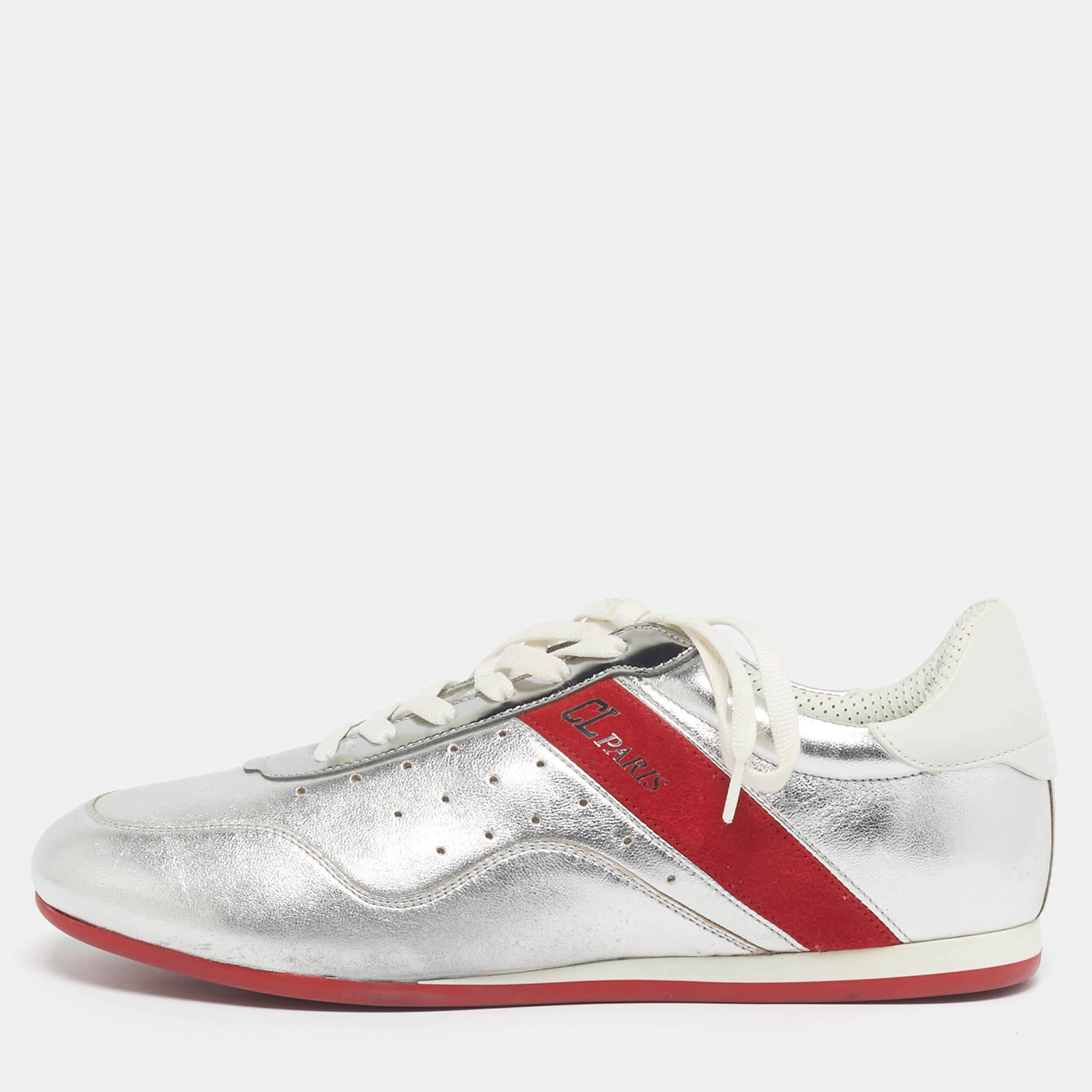 Pre Owned Christian Louboutin Silver Leather My K low Lace Up Sneakers Size 38.5