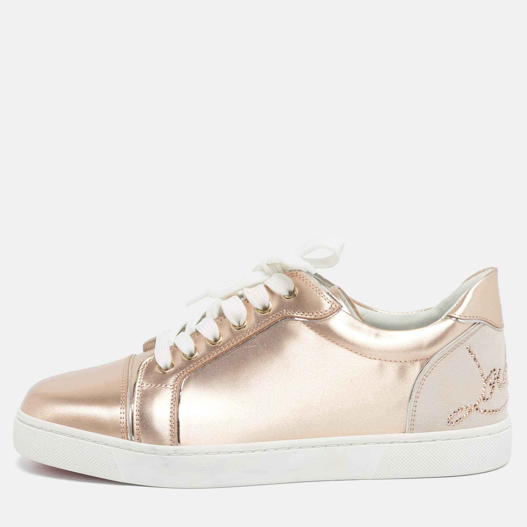 Pre Owned Christian Louboutin Rose Gold Leather and Suede Fun Vieira Low Top Sneakers Size 39