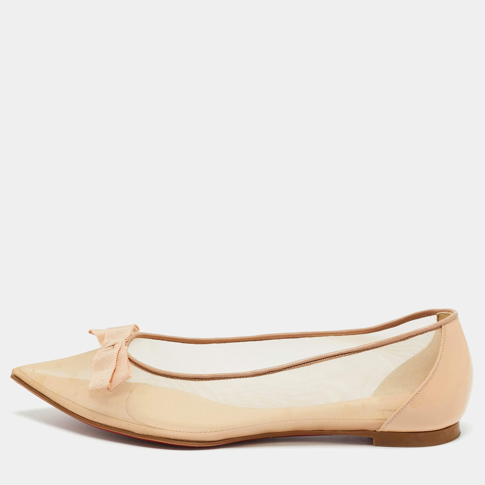 مملوكة مسبقًا Christian Louboutin Beige Mesh and Patent Leather Bow Pointed Toe Ballet Flats Size 38