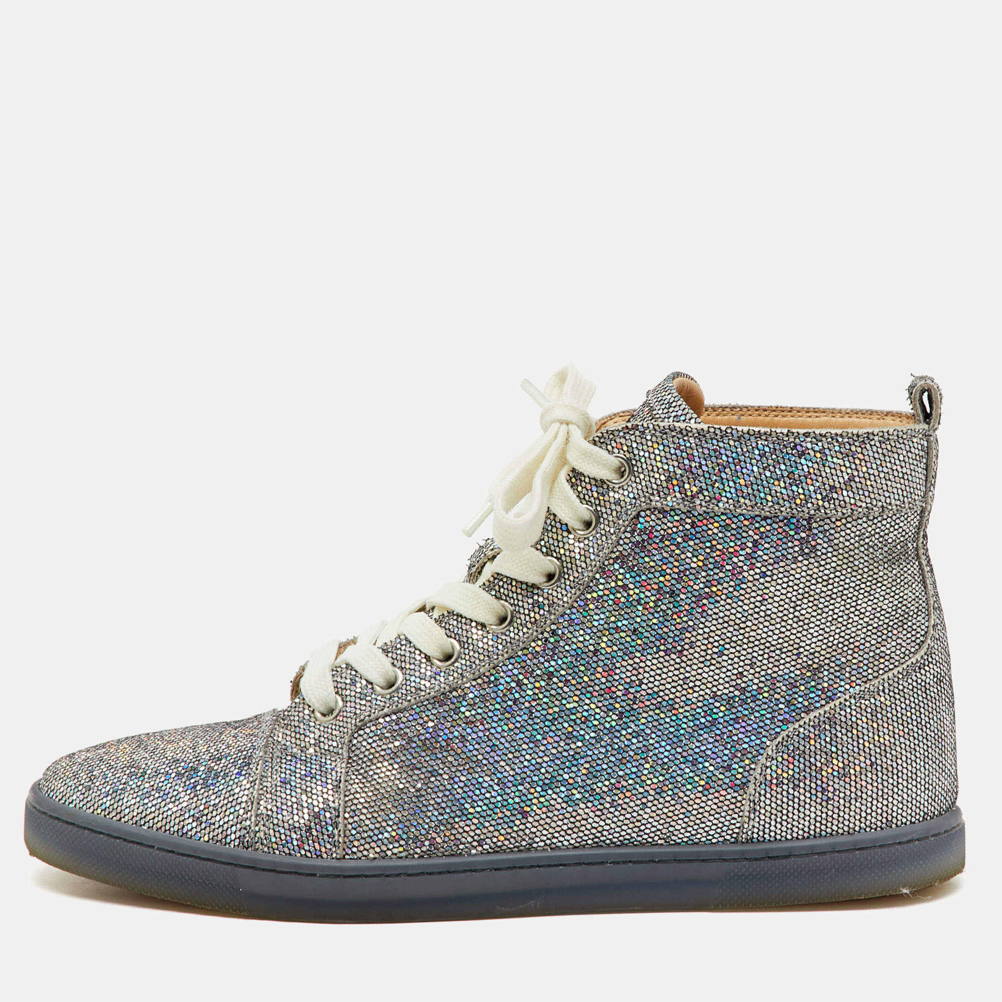 Pre Owned Christian Louboutin Silver Glitter Disco Ball Rantus Orlato High Top Sneakers Size 38.5