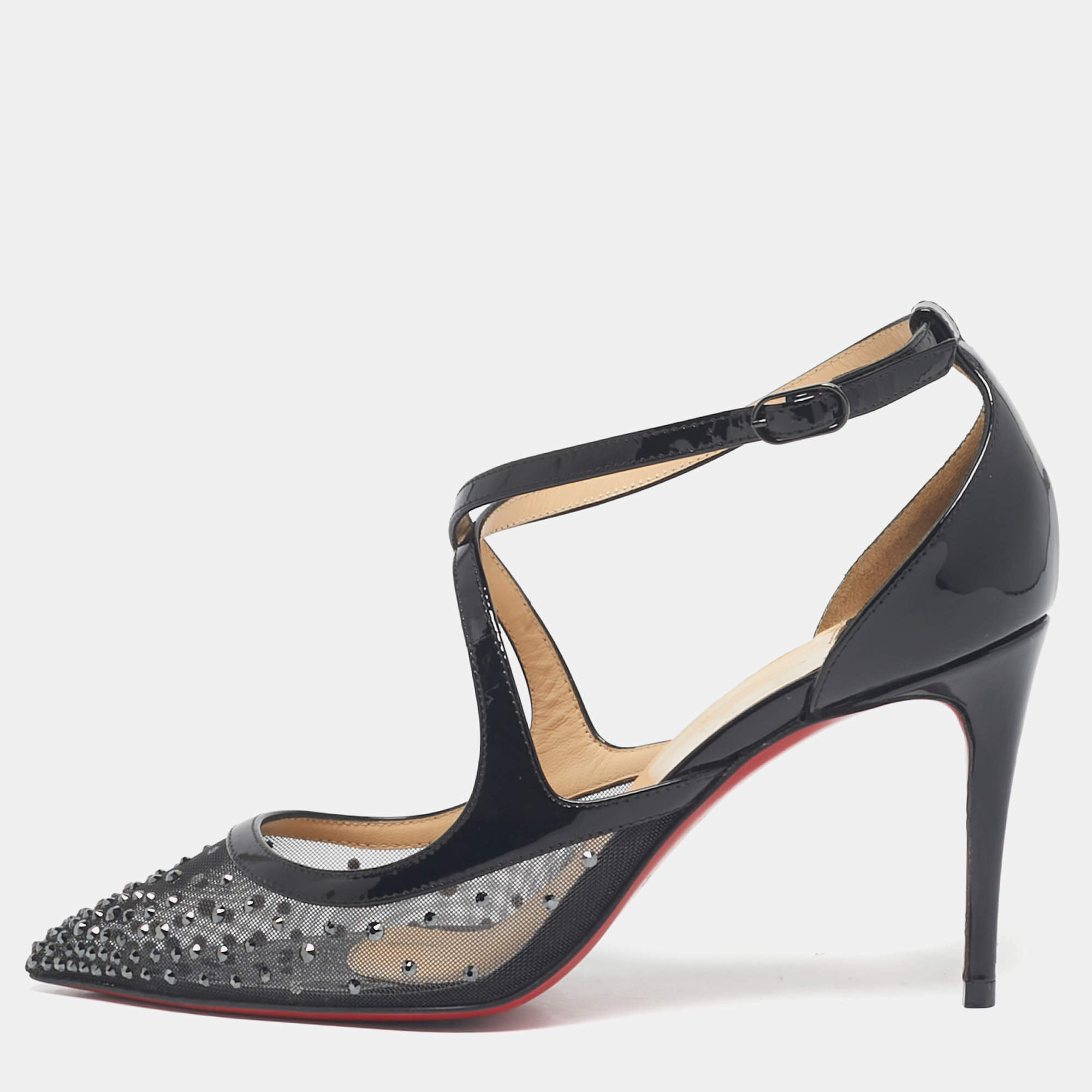 Pre Owned Christian Louboutin Black Mesh and Patent Leather Twistissima Pumps Size 35