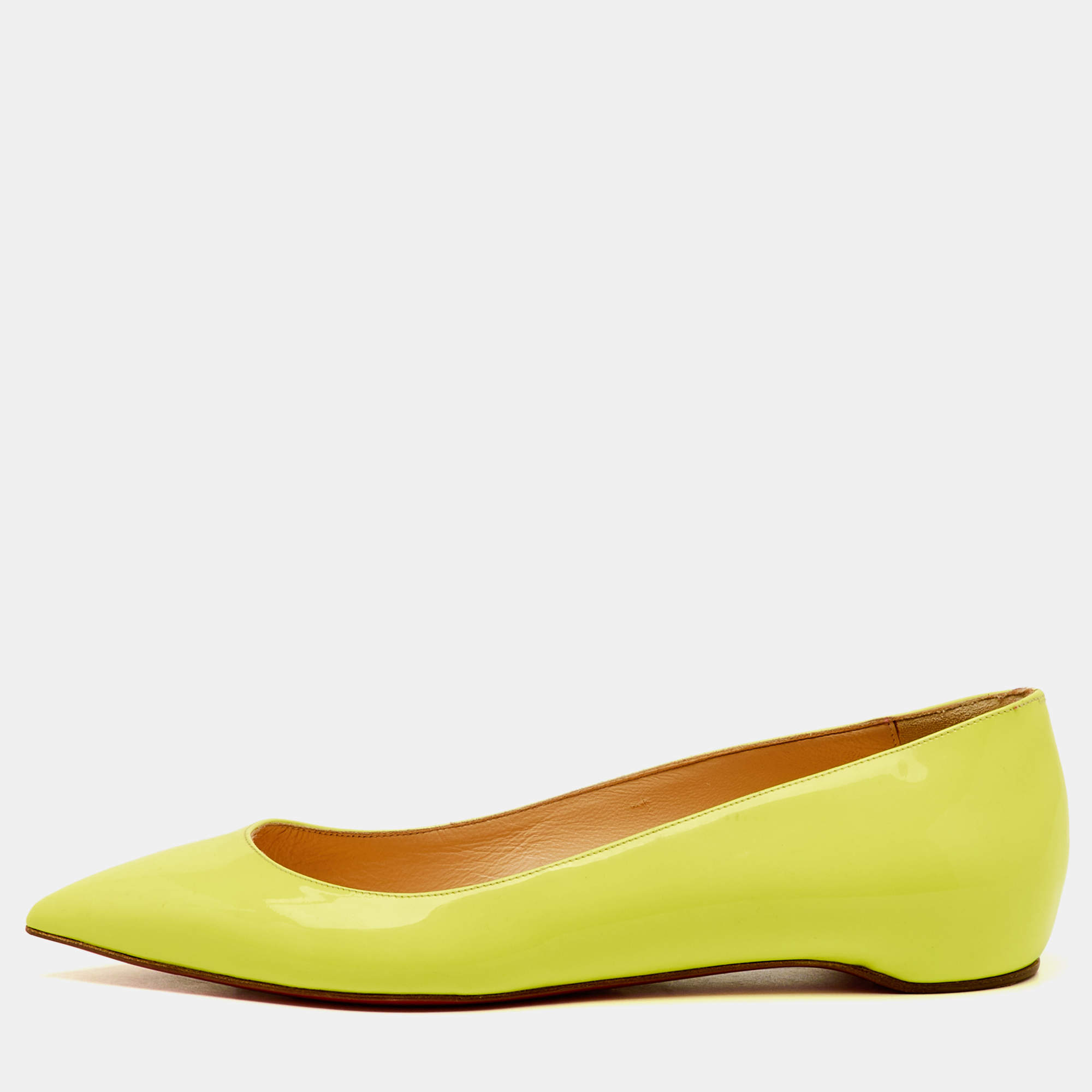 Pre Owned Christian Louboutin Neon Yellow Patent Leather Pigalle Follies Ballet Flats Size 37