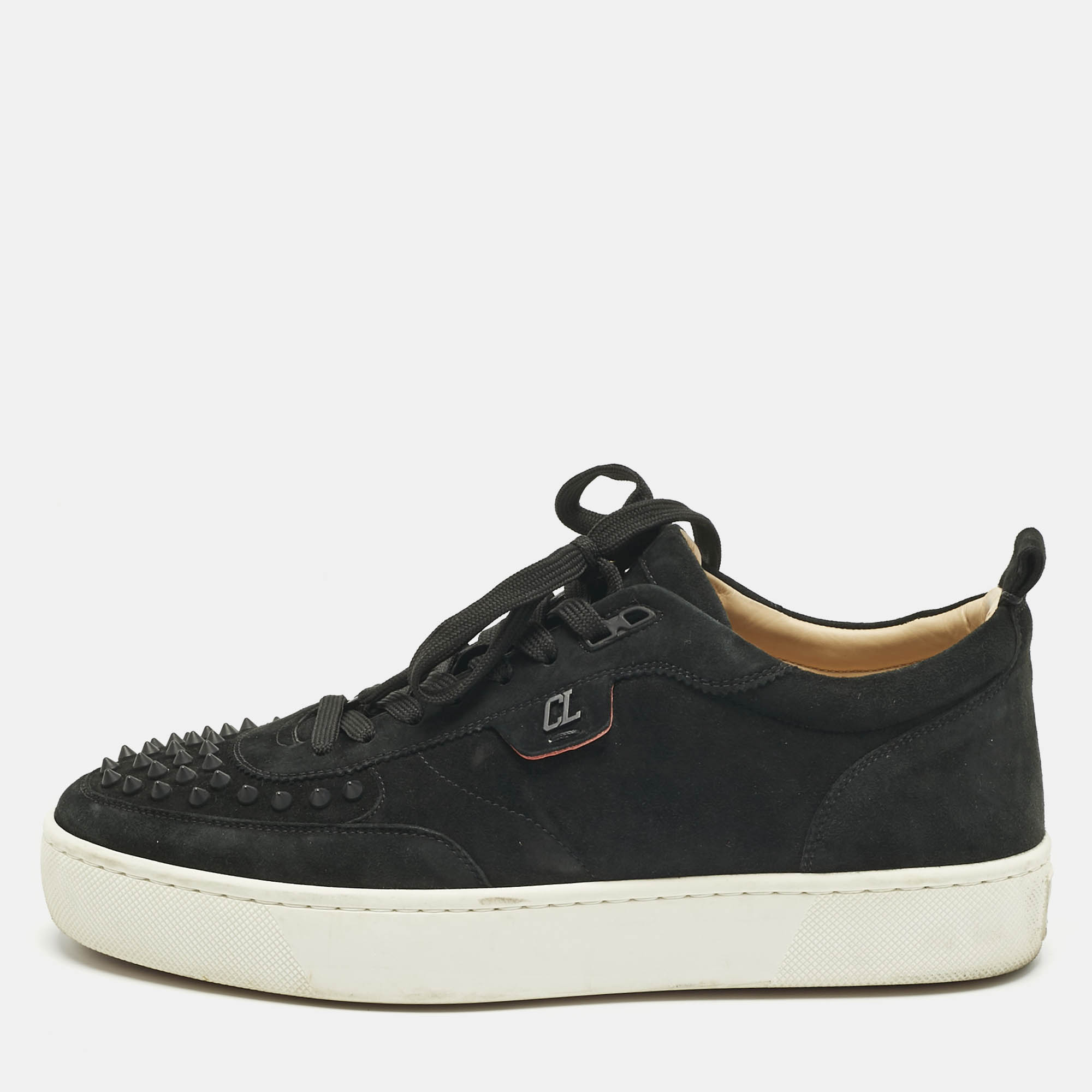 مملوكة مسبقًا Christian Louboutin Black Suede Happyrui Spikes Sneakers Size 45