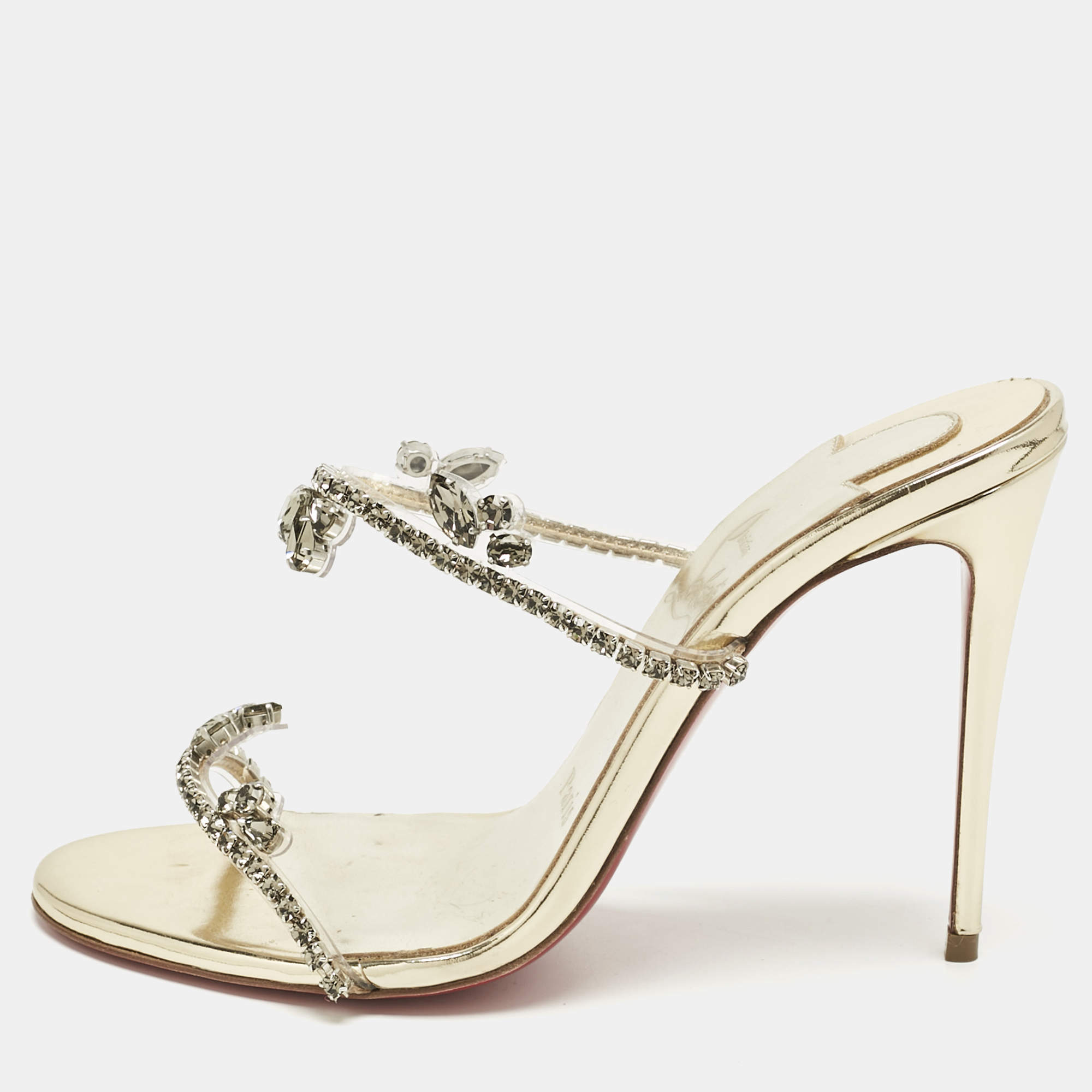Pre Owned Christian Louboutin Gold Patent Leather and PVC Just Queen Slide Sandals Size 36