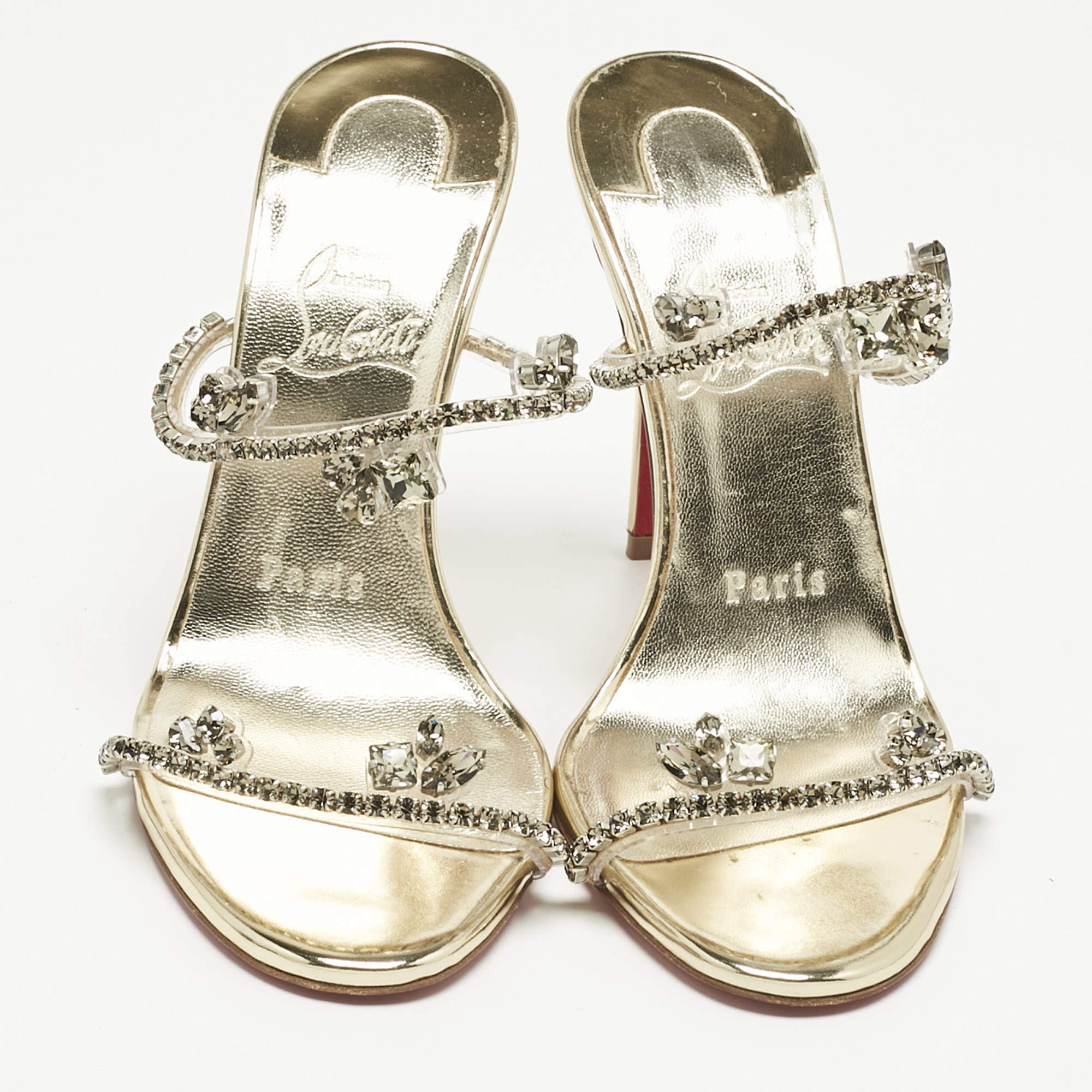 Pre Owned Christian Louboutin Gold Patent Leather and PVC Just Queen Slide Sandals Size 36