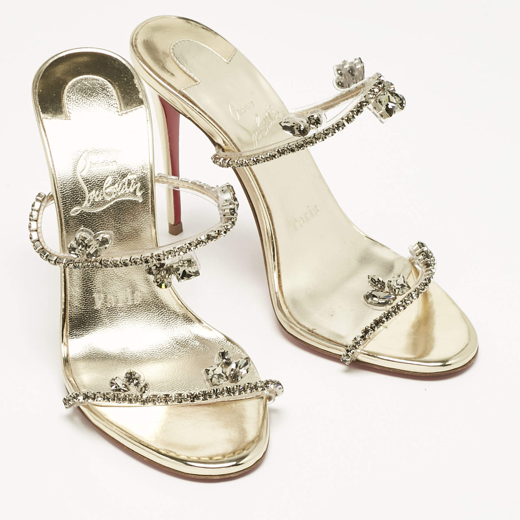 Pre Owned Christian Louboutin Gold Patent Leather and PVC Just Queen Slide Sandals Size 36