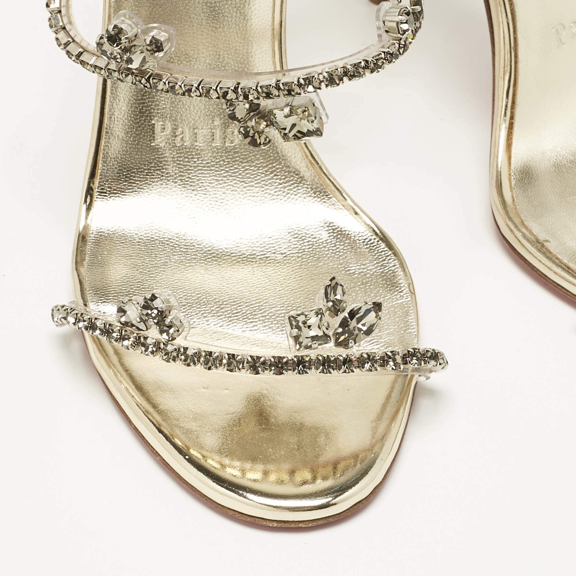 Pre Owned Christian Louboutin Gold Patent Leather and PVC Just Queen Slide Sandals Size 36