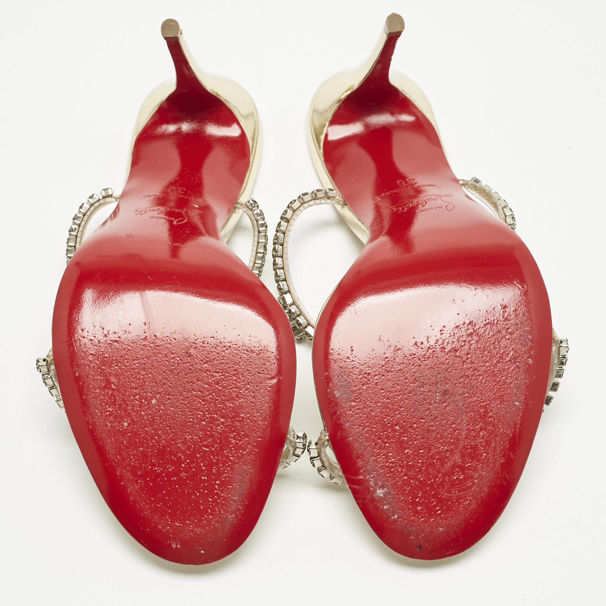 Pre Owned Christian Louboutin Gold Patent Leather and PVC Just Queen Slide Sandals Size 36