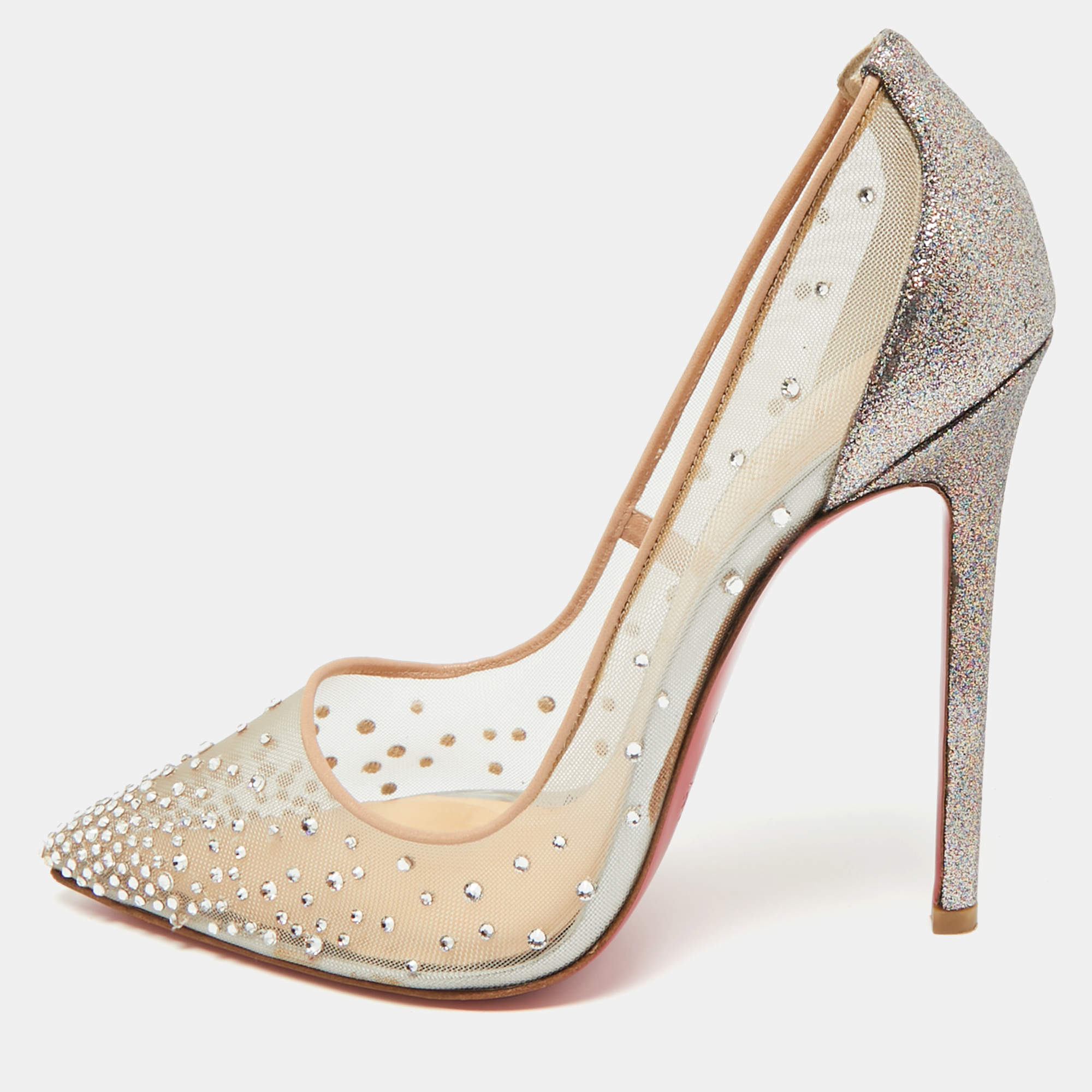 مملوكة مسبقًا Christian Louboutin Beige Mesh, Glitter and Leather Follies Strass Pumps Size 39