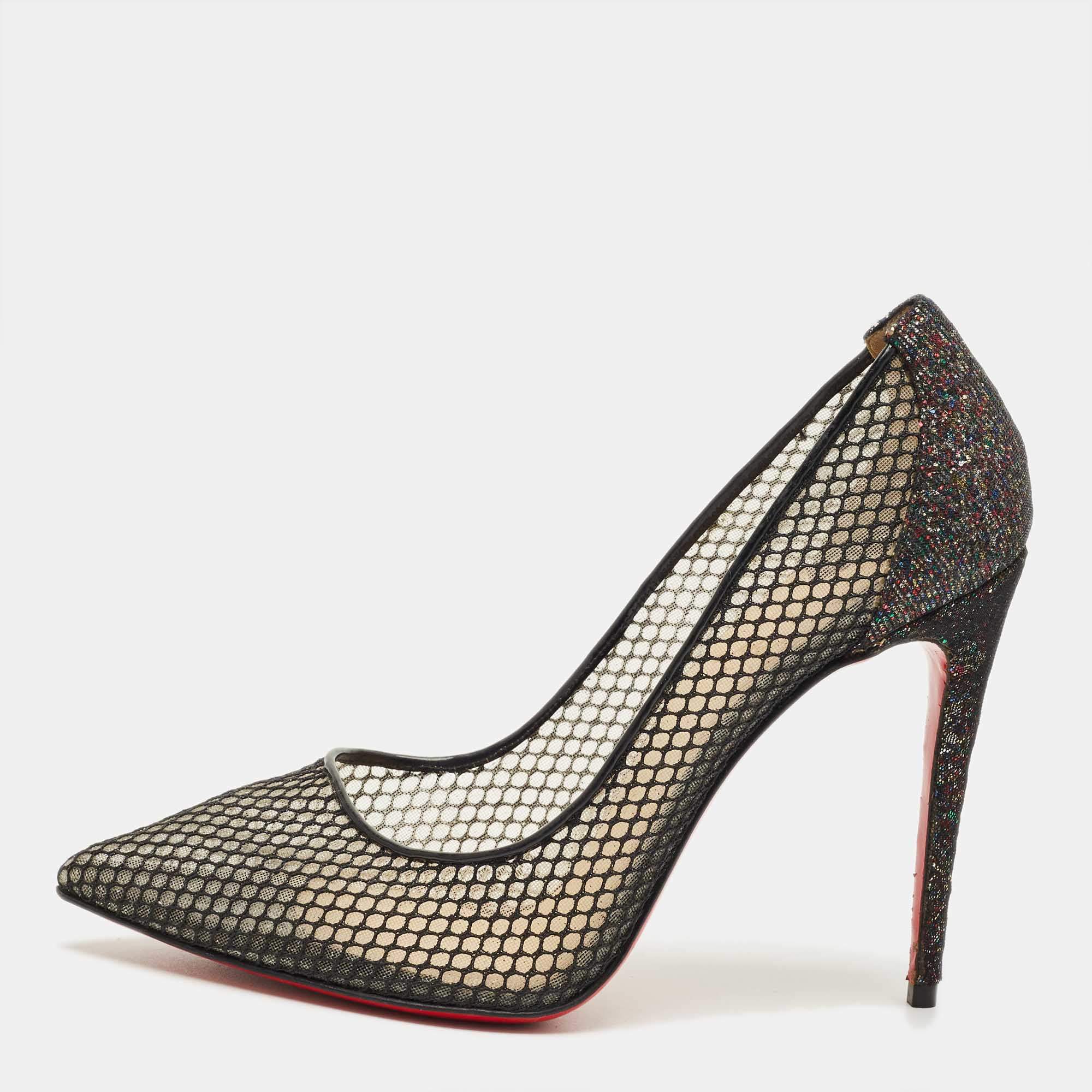 Pre Owned حذاء كعب عالي كريستيان لوبوتان فوليز دانتيل ولامع أسود مقاس 39