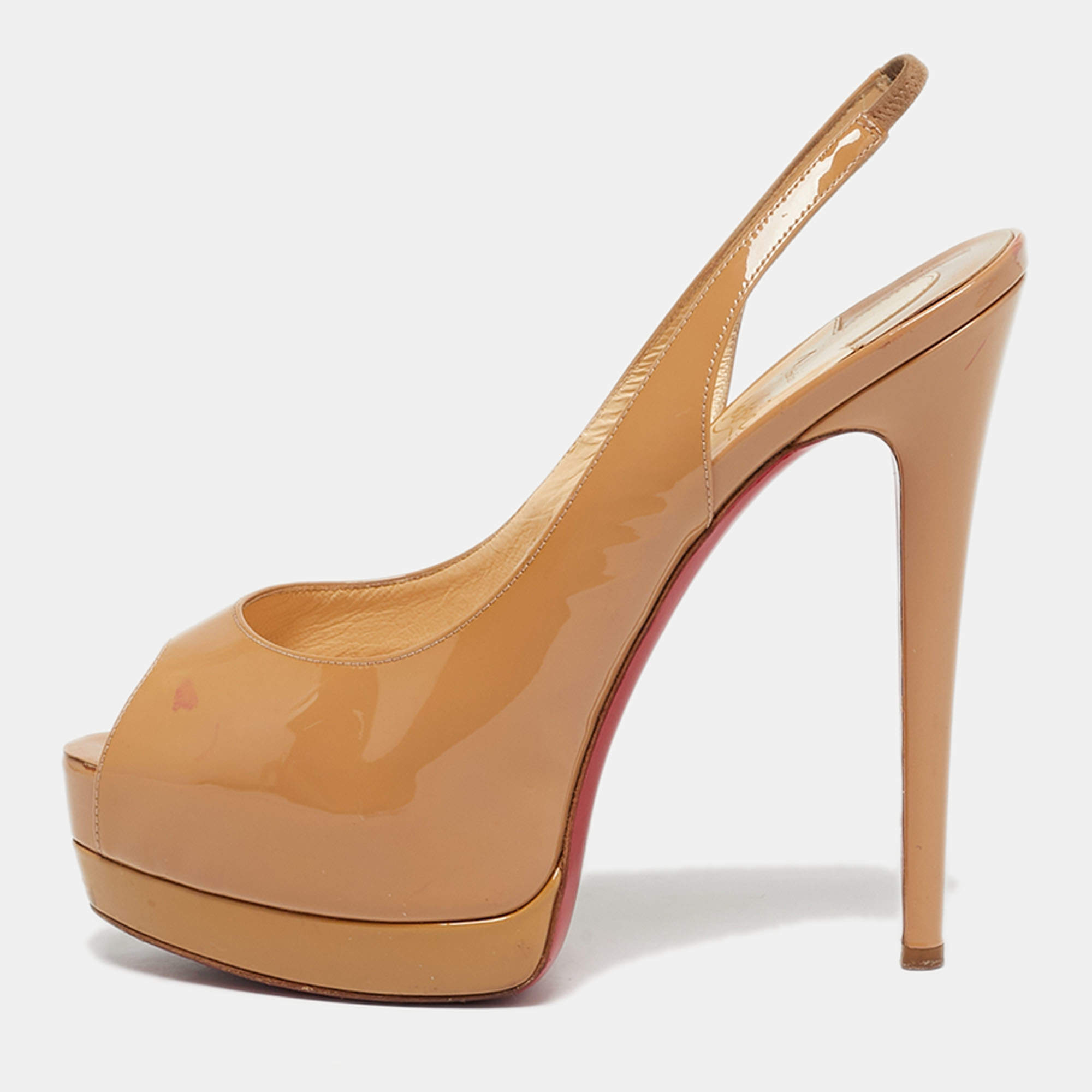 Pre Owned Christian Louboutin Beige Patent Leather Palais Royal Slingback Pumps Size 38