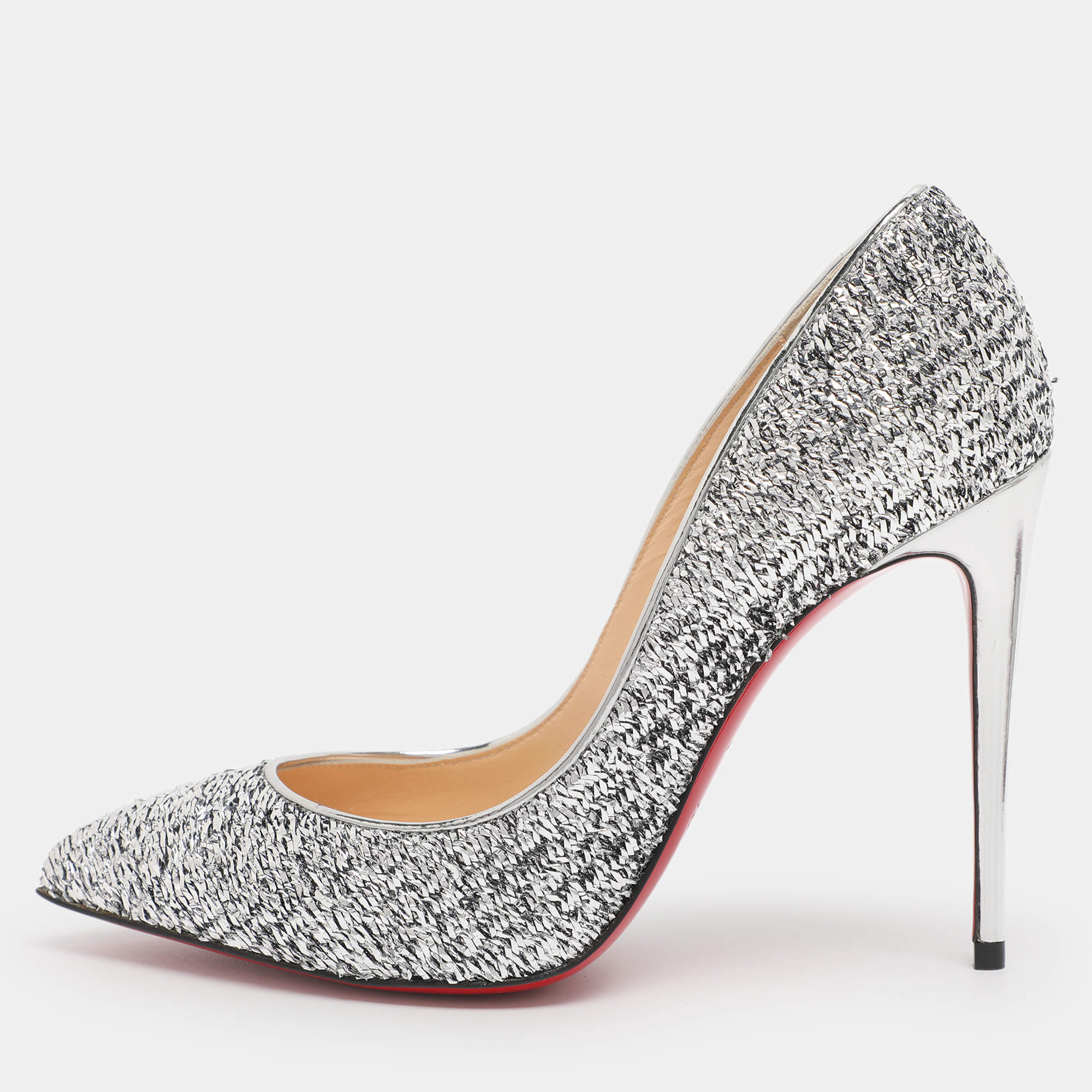 مملوكة مسبقًا Christian Louboutin Silver Lurex Fabric Pigalle Follies Pointed Pumps Size 36