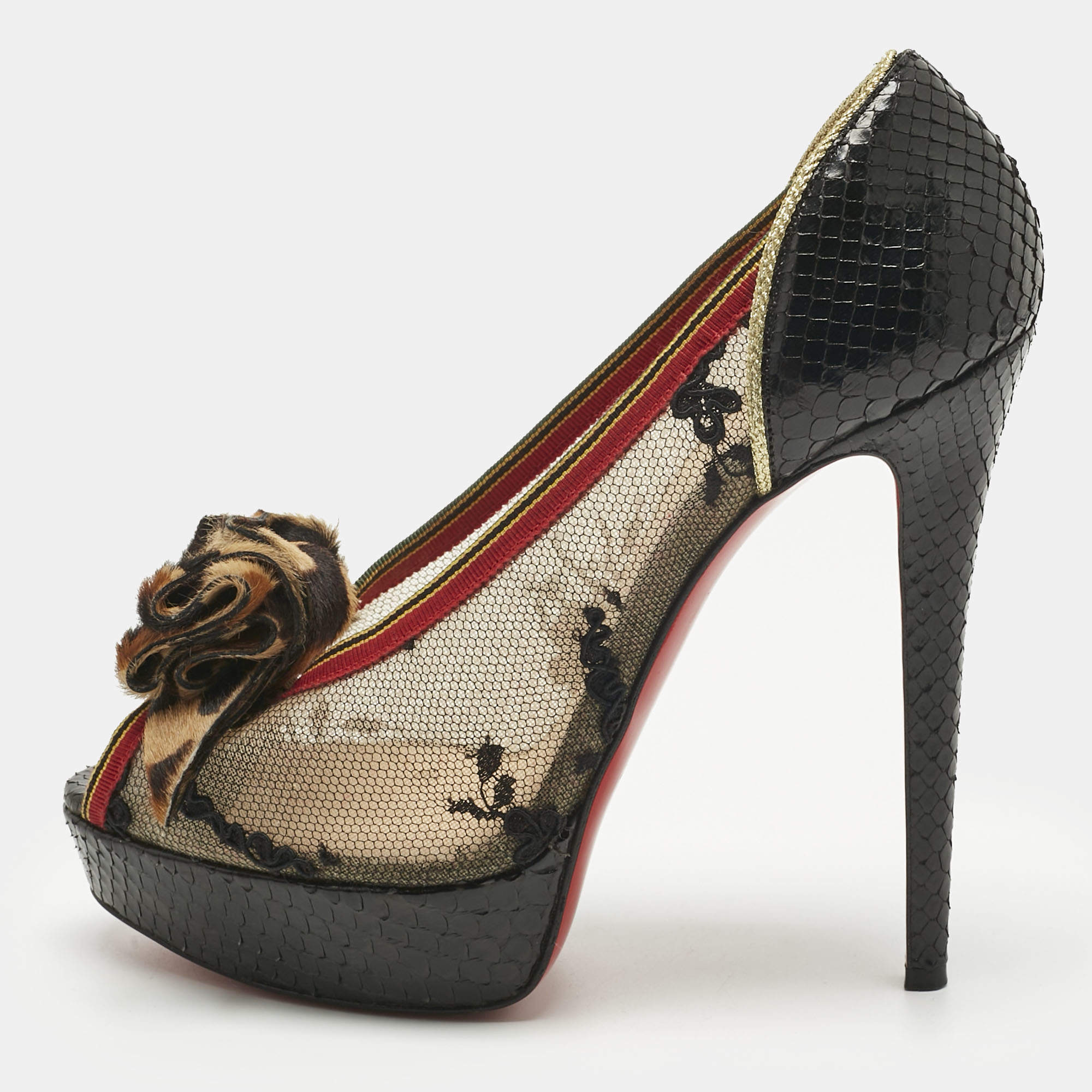 Pre Owned Christian Louboutin Multicolor Lace and Python Leather Calf Hair Bow Peep Toe Platform Pumps Size 38.5