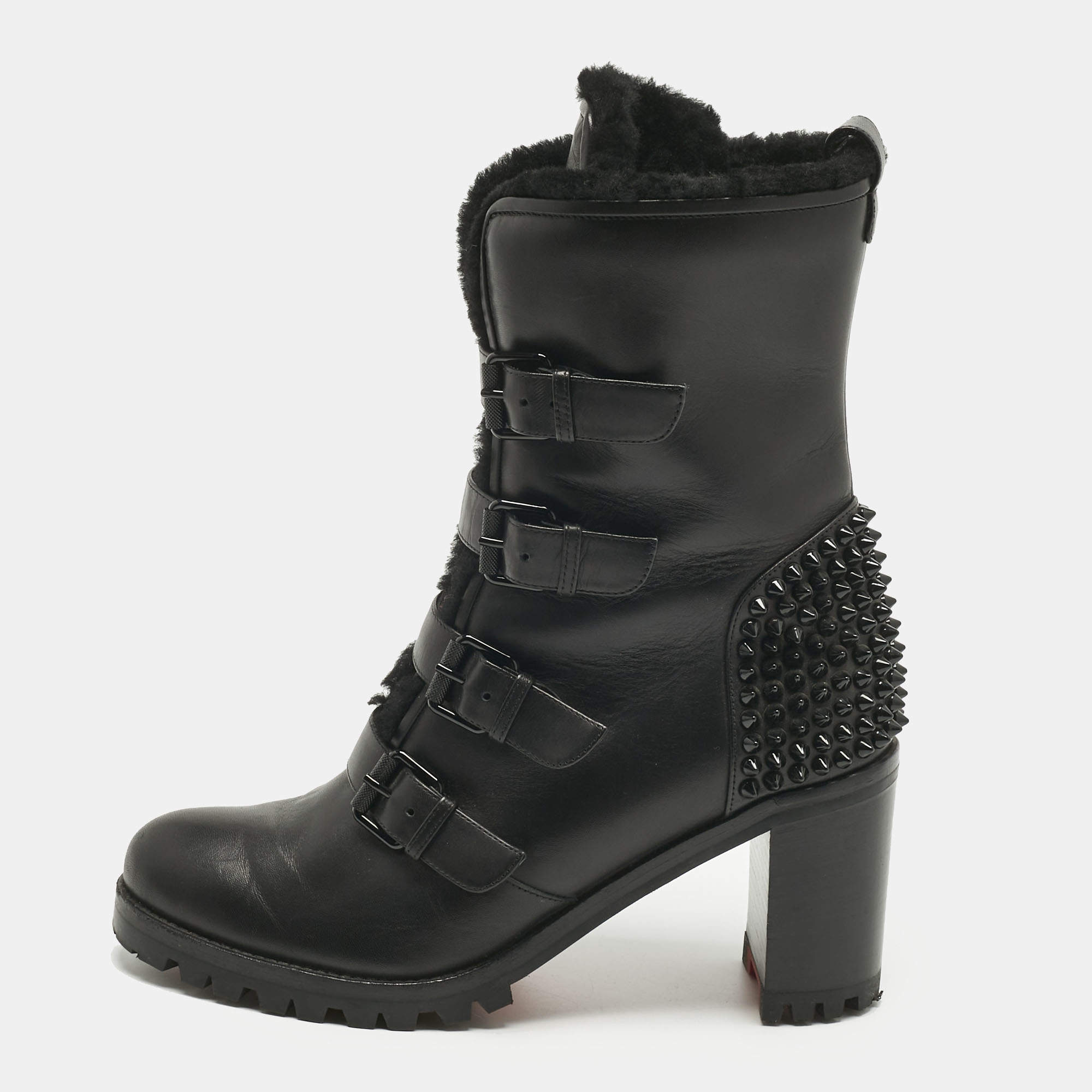 Pre Owned Christian Louboutin Black Leather and Shearing Spike Accents Combat Boots Size 39