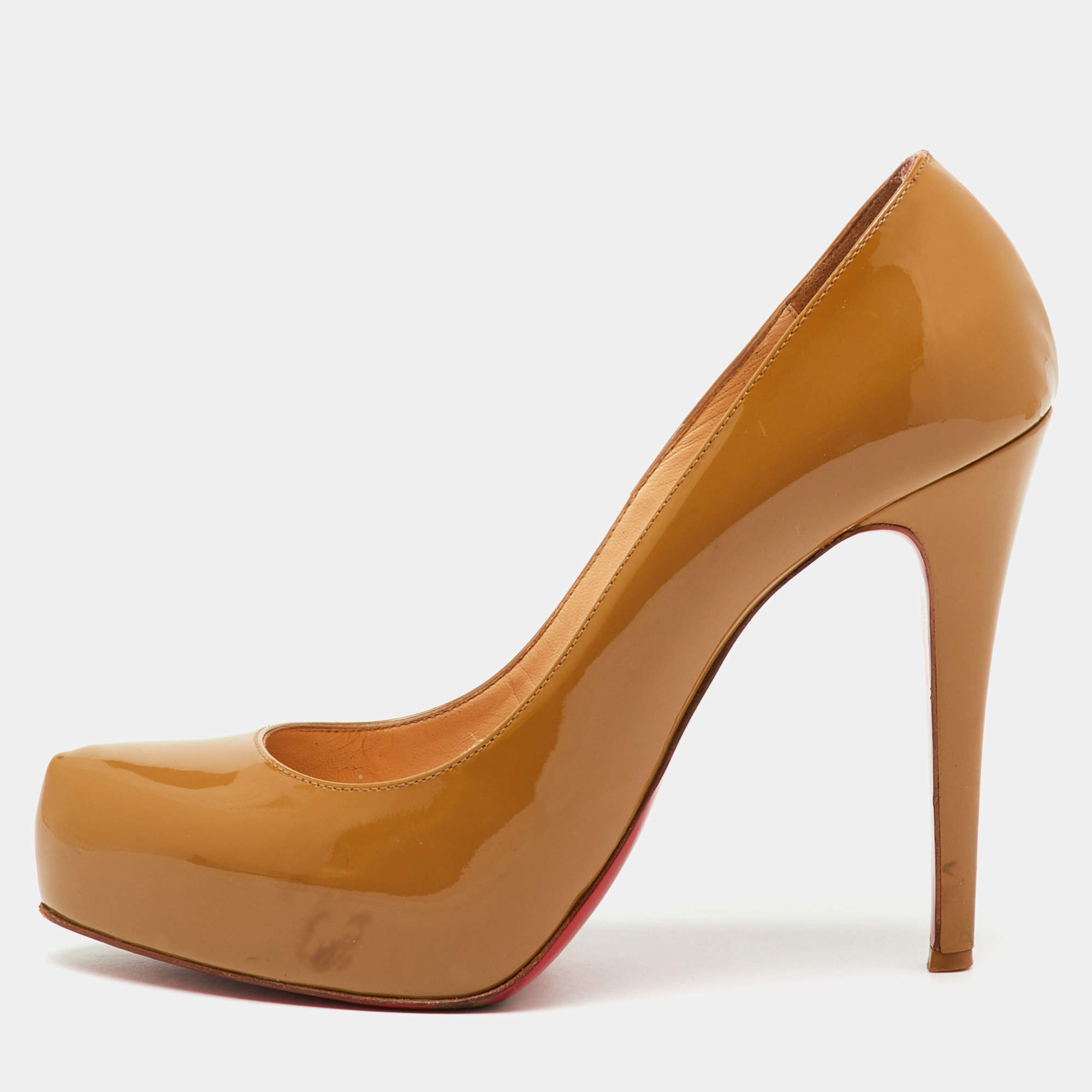 Pre Owned Christian Louboutin Beige Patent Leather Rolando Platform Pumps Size 38.5
