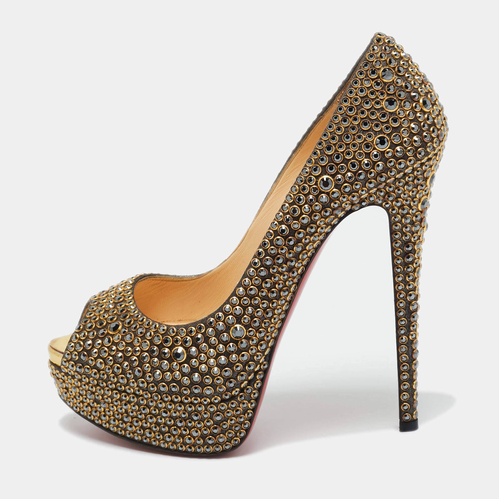 Pre Owned Christian Louboutin Gold Crystals and Leather Lady Peep Peep Toe Pumps Size 38