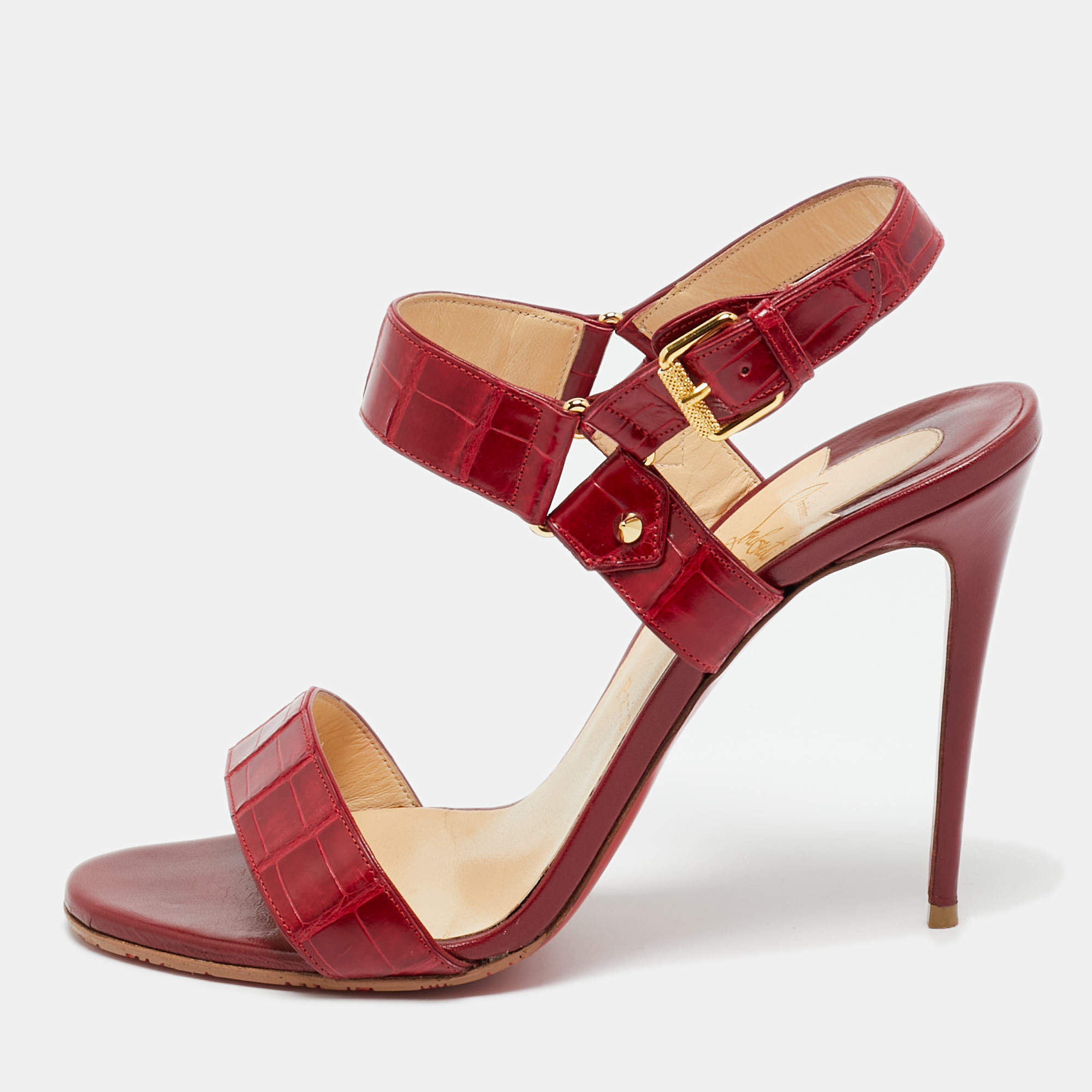 Pre Owned Christian Louboutin Red Alligator Leather Ankle Strap Sandals Size 39.5