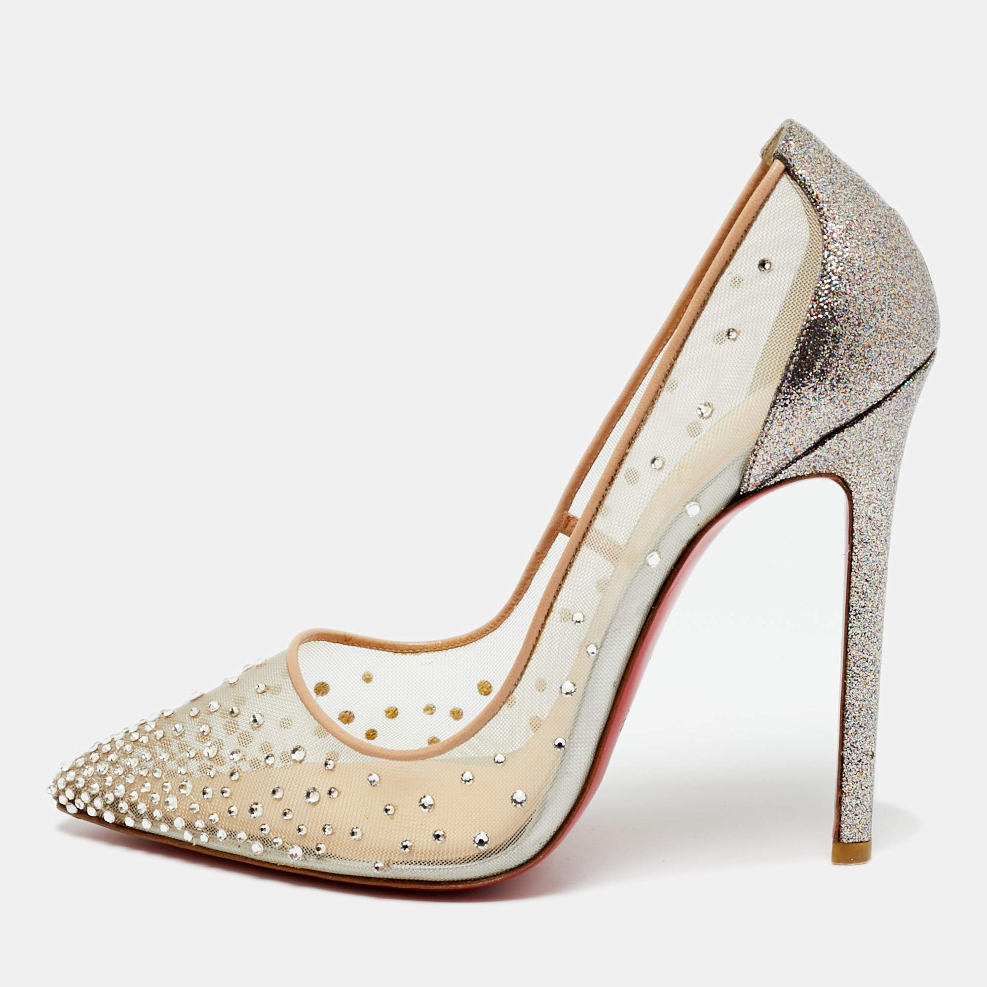 Pre Owned Christian Louboutin Metallic/Beige Mesh and Velvet Follies Strass Pumps Size 38.5