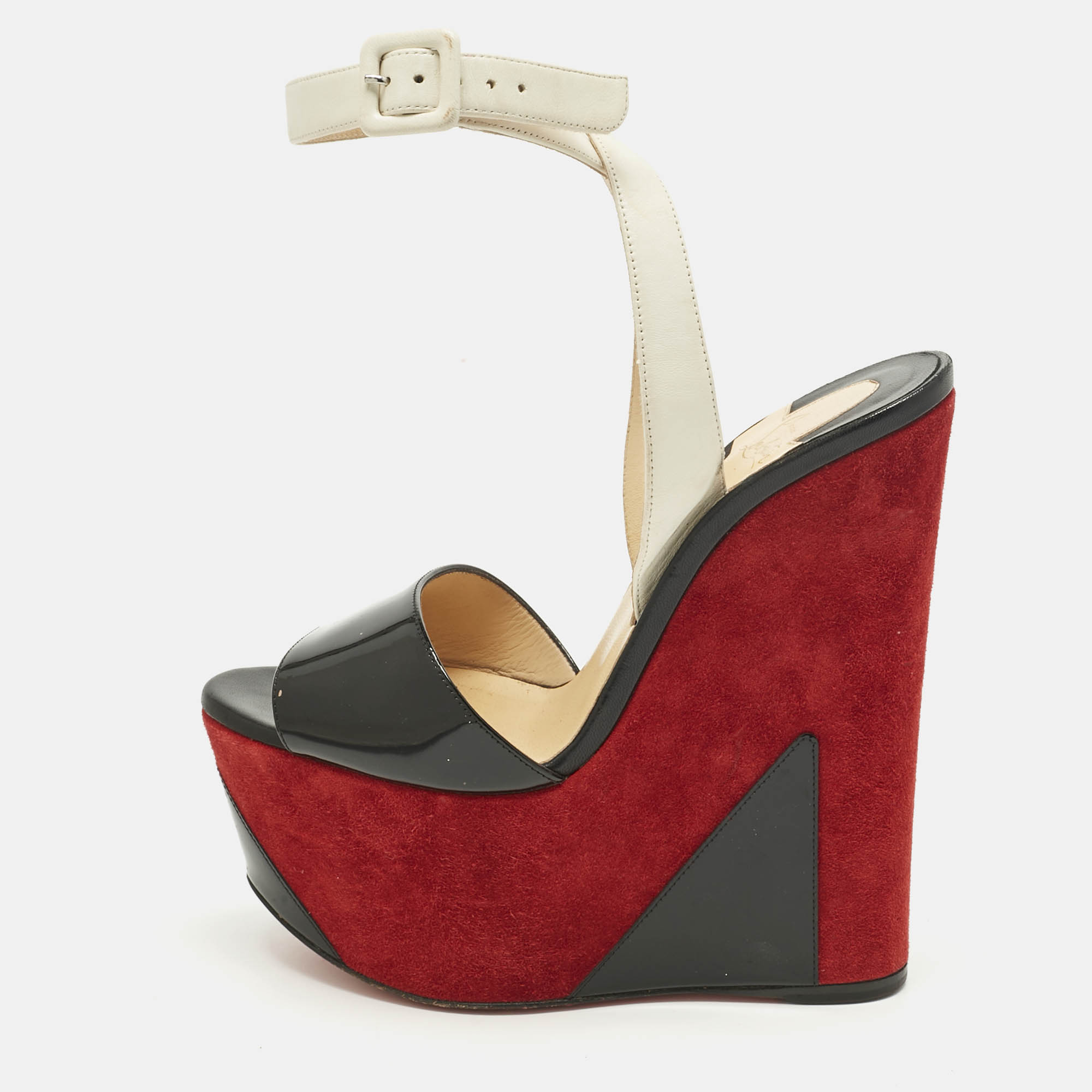 Pre Owned Christian Louboutin Black/White Leather and Patent Leather Tromploia Wedge Sandals Size 36