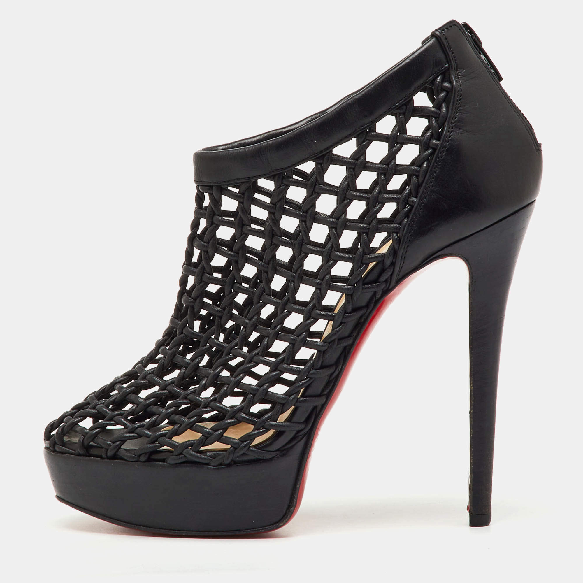Pre Owned Christian Louboutin Black Leather Coussin Platform Ankle Booties Size 37