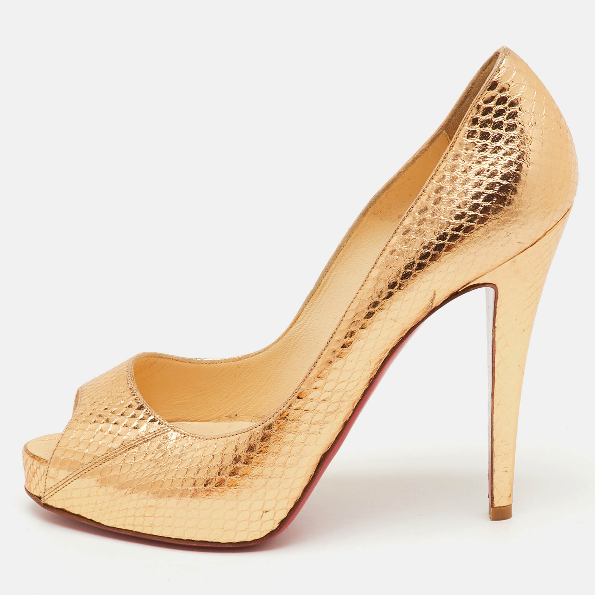 Pre Owned Christian Louboutin Metallic Python Embossed Leather Very Prive Peep Toe Pumps Size 37.5