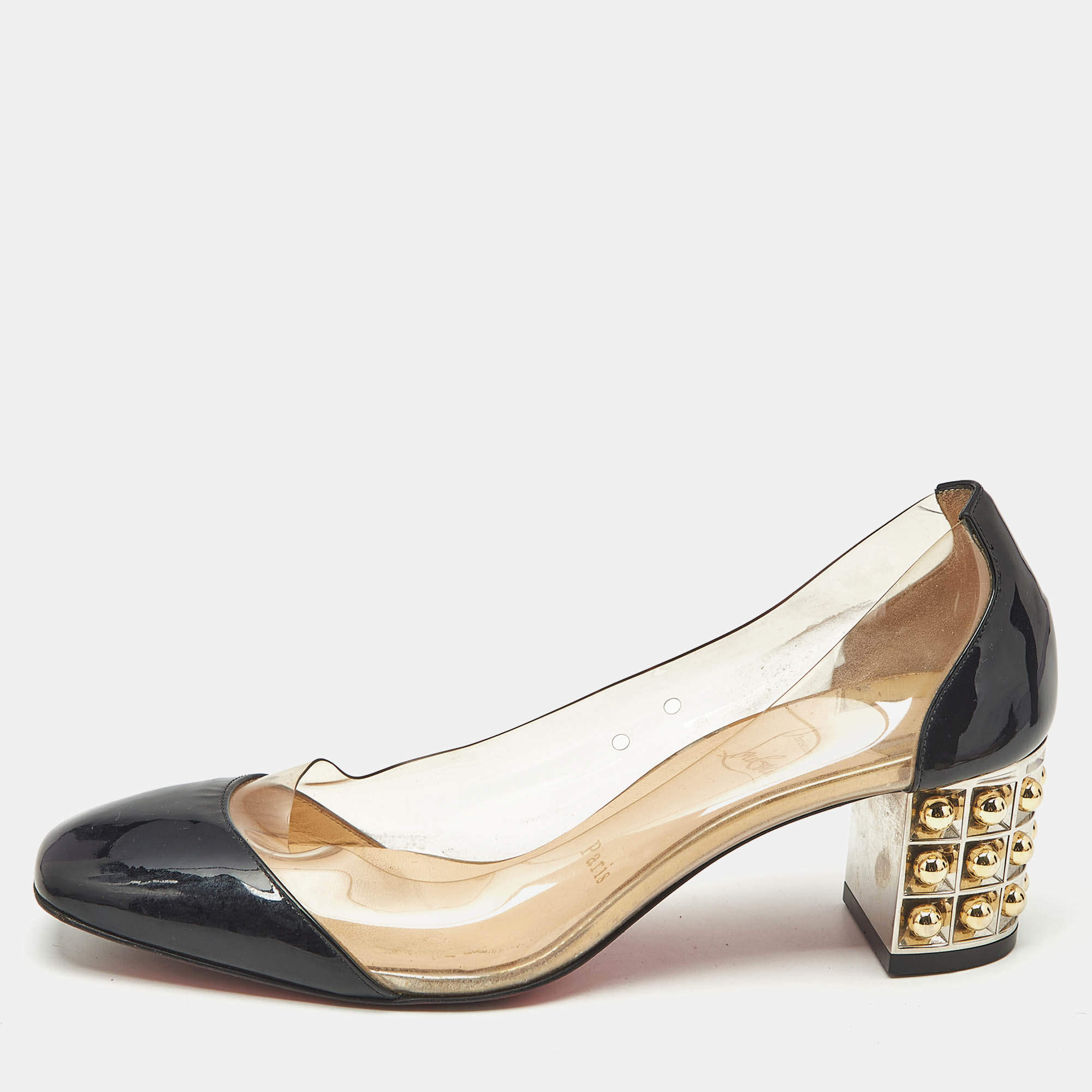 Pre Owned Christian Louboutin Transparent/Black Patent And PVC Gallica Pumps Size 37