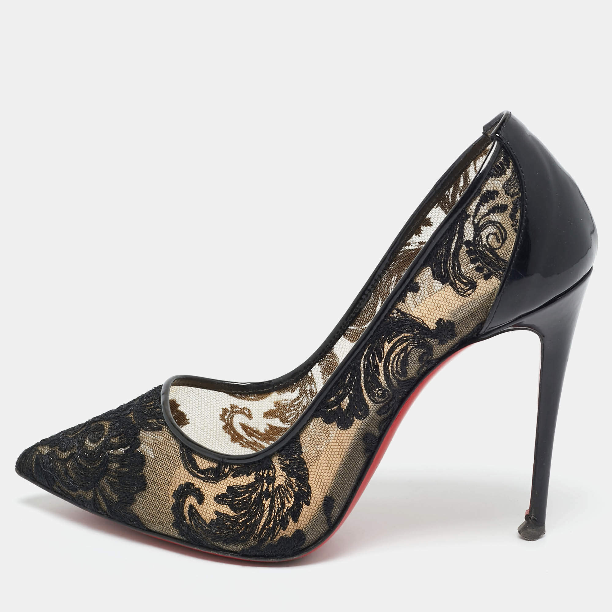 Pre Owned Christian Louboutin Black Lace and Patent Leather Follies Dentelle Pumps Size 36.5
