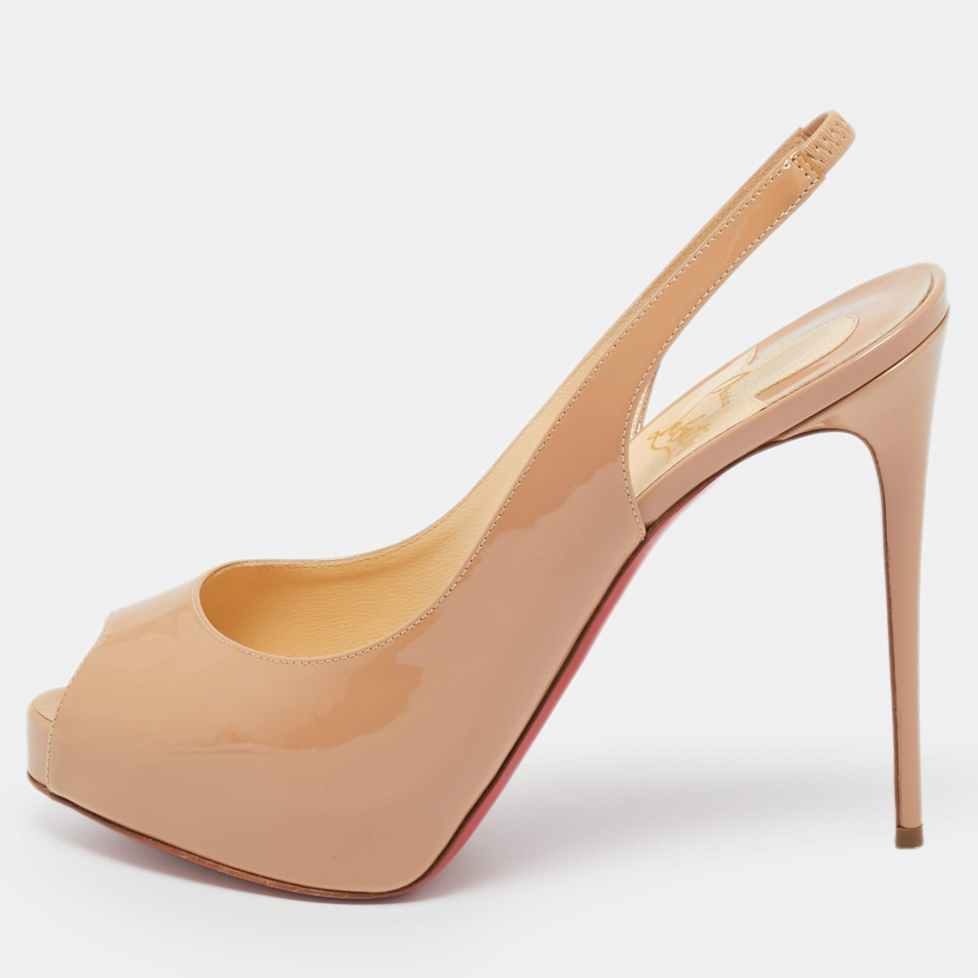 Pre Owned Christian Louboutin Beige Patent Leather Private Number Slingback Pumps Size 38