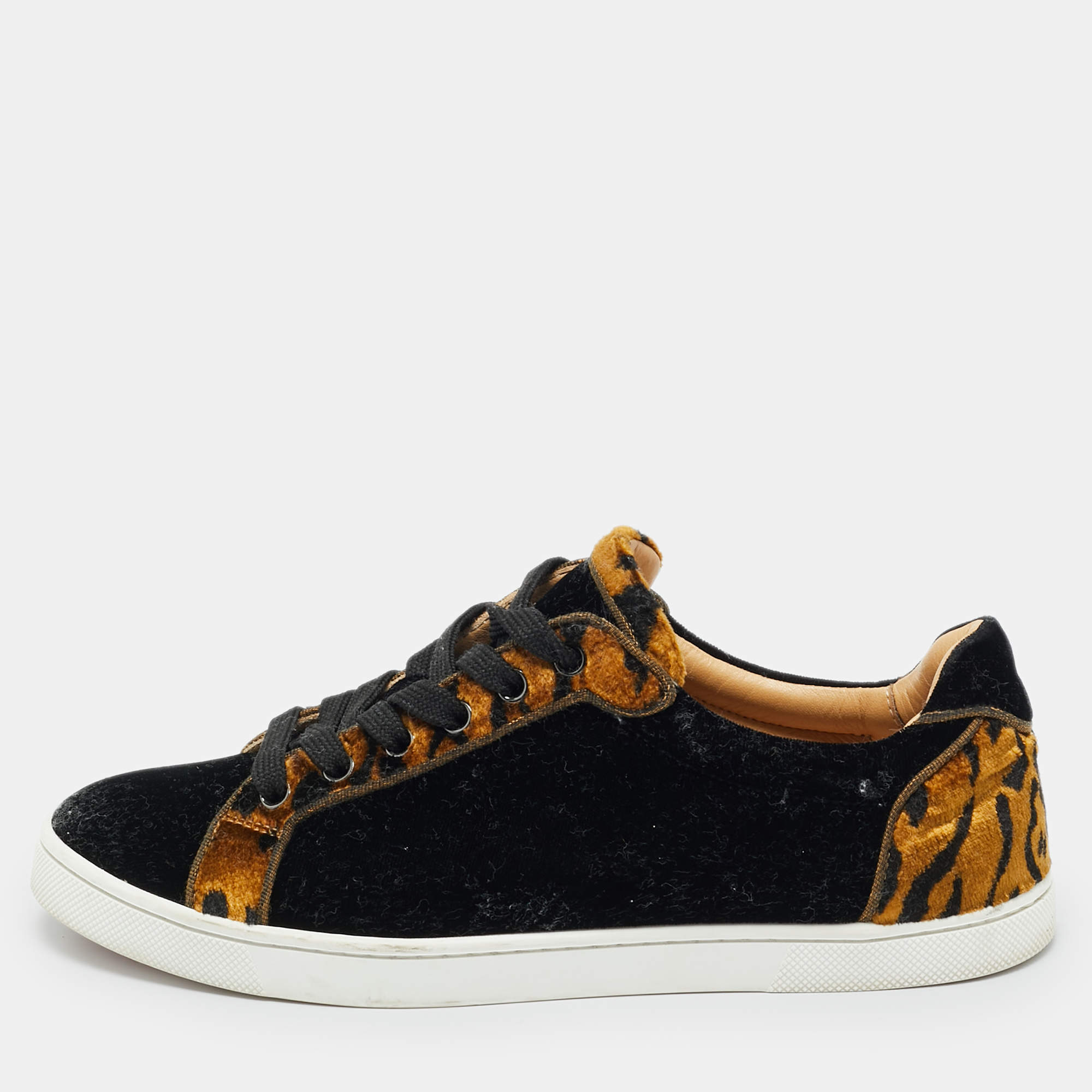 Pre Owned Christian Louboutin Black/Gold Leopard Print Velvet Lace Up Sneakers Size 37