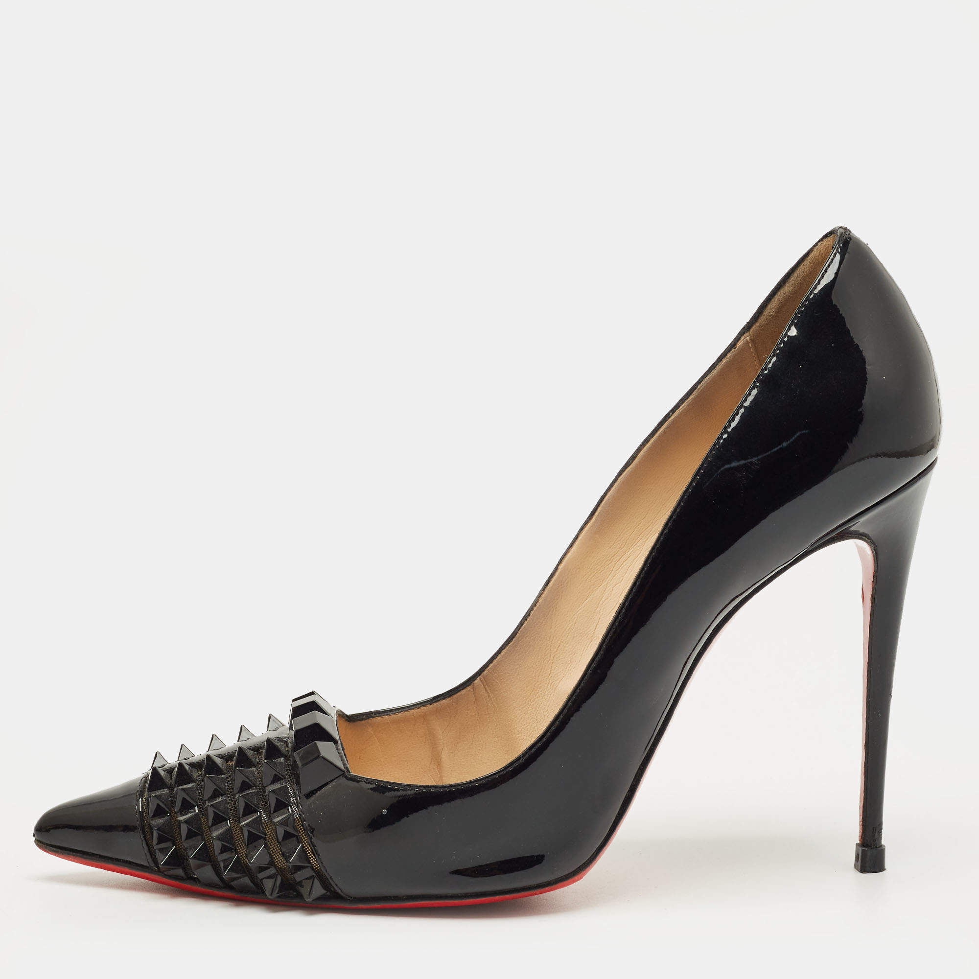 Pre Owned Christian Louboutin Black Patent Leather And Mesh Pyrami Pumps Size 41