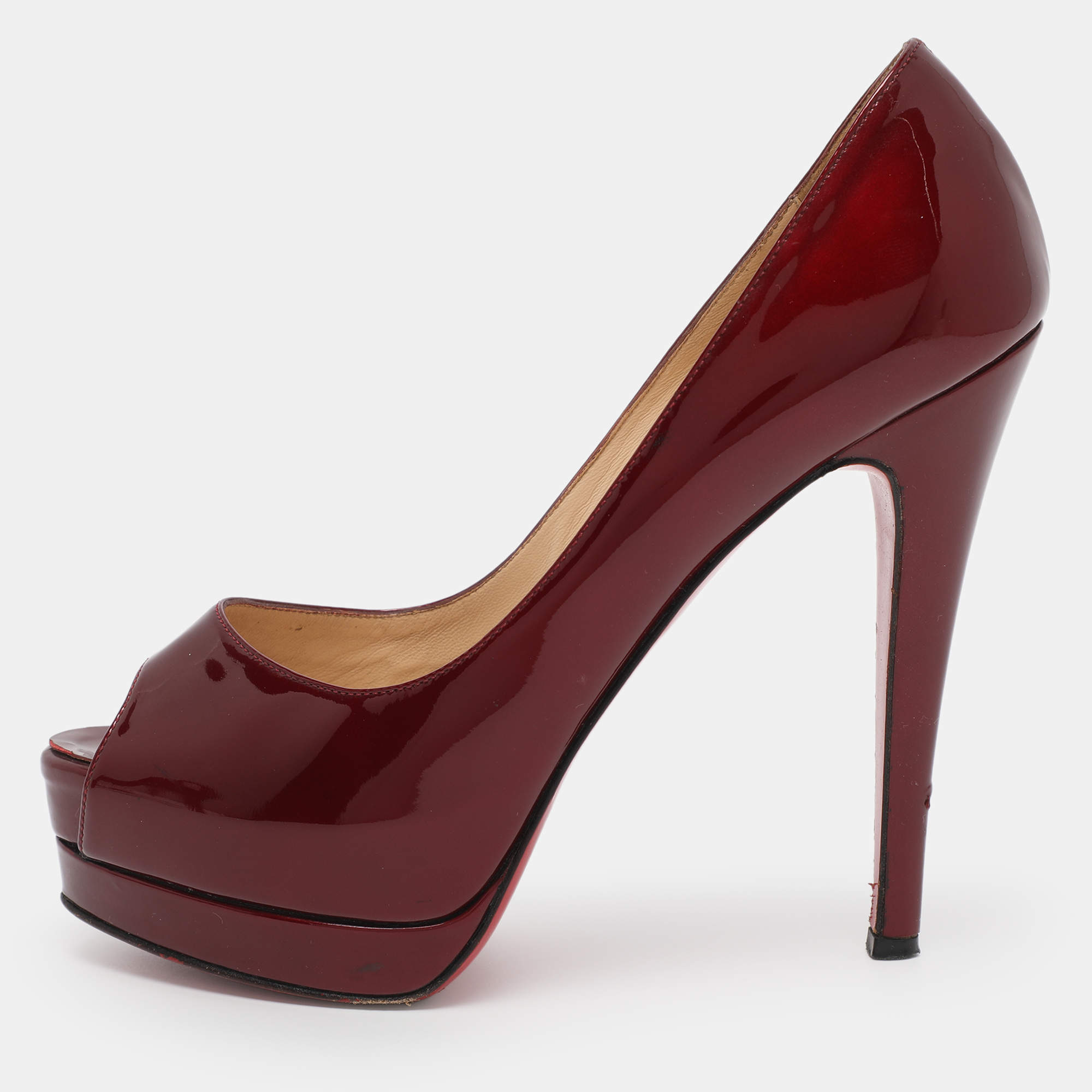 Pre Owned Christian Louboutin Burgundy Patent Leather Altadama Platform Peep Toe Pumps Size 36.5