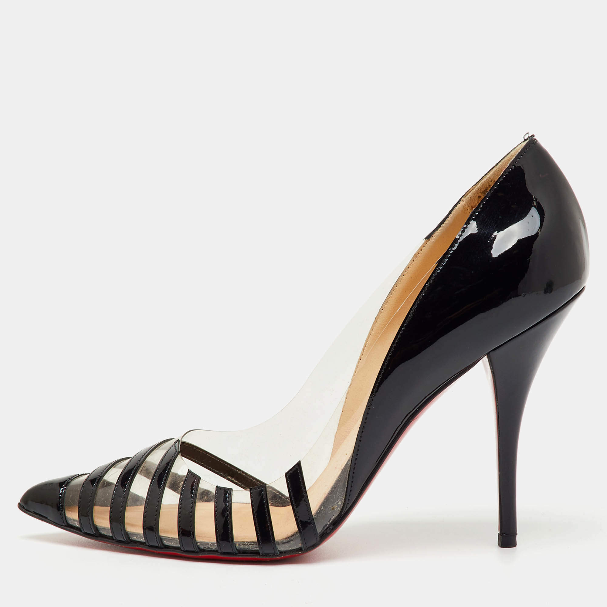 Pre Owned Christian Louboutin Black/Transparent Patent Leather and PVC Pivichic Pumps Size 39