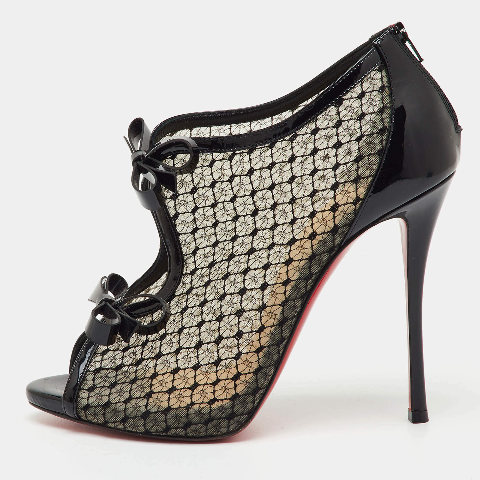 Pre Owned Christian Louboutin Black Mesh and Patent Leather Empiralta Bow Booties Size 39