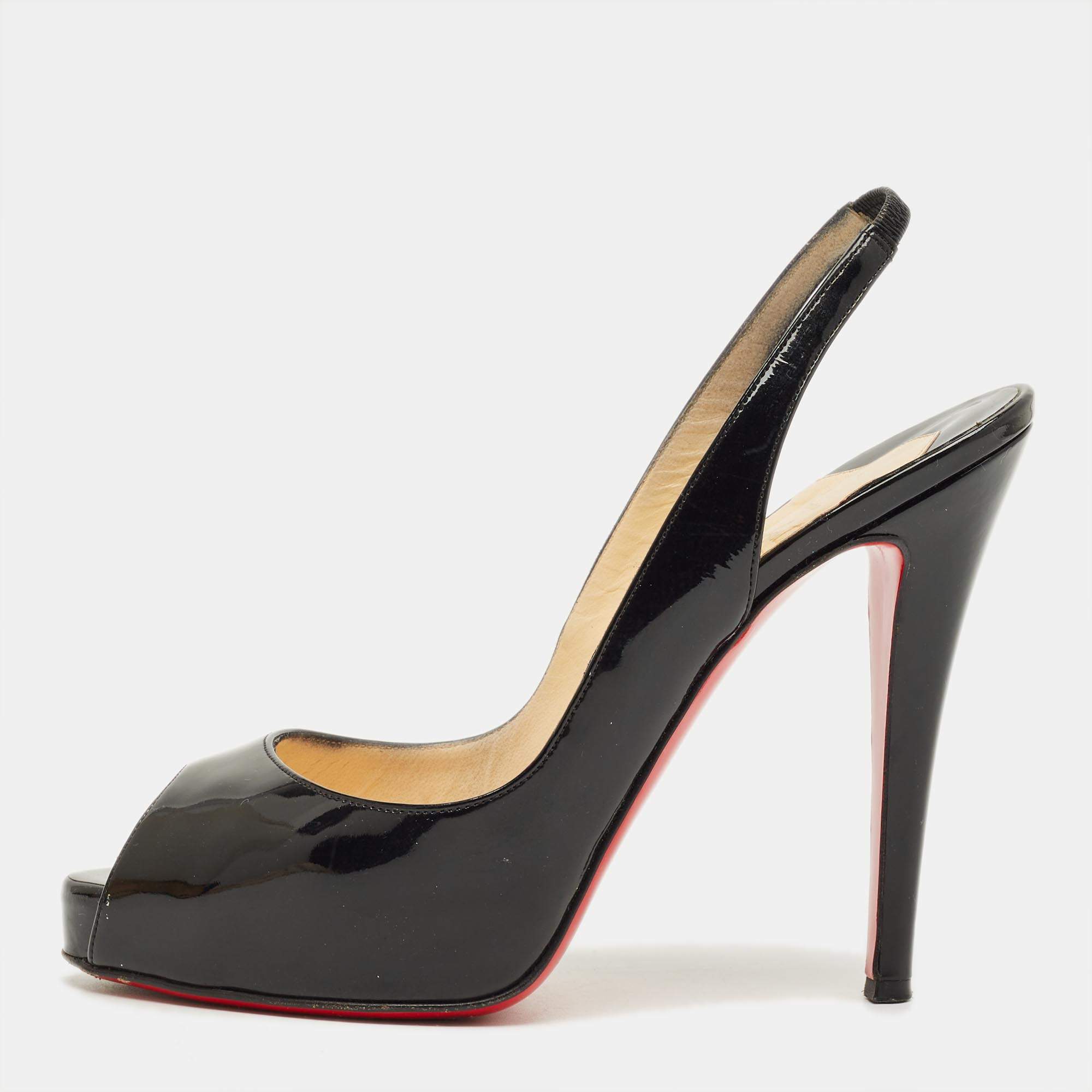 Pre Owned Christian Louboutin Black Patent Leather Private Number Slingback Pumps Size 38
