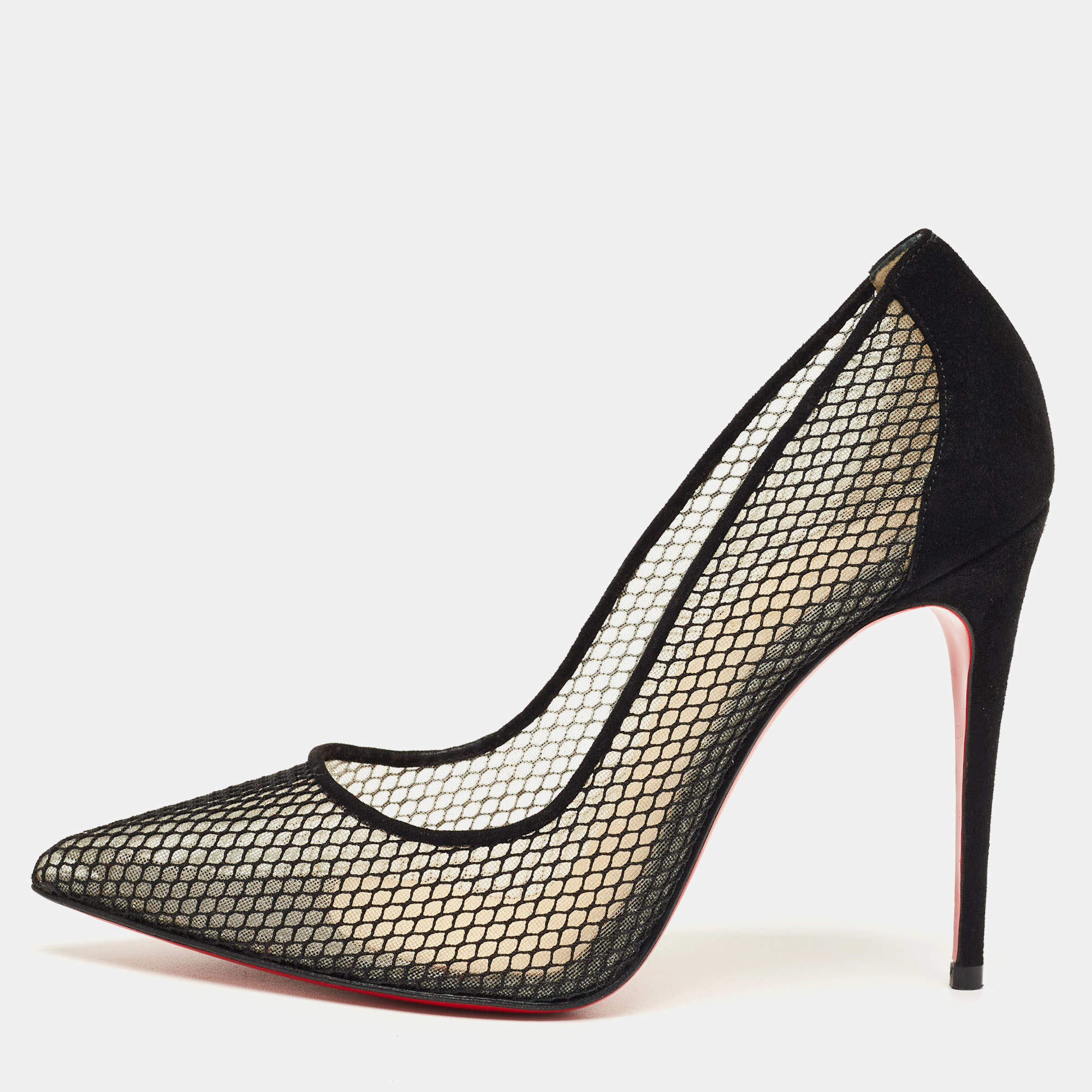 Pre Owned Christian Louboutin Black Mesh and Suede Follies Resille Pumps Size 37