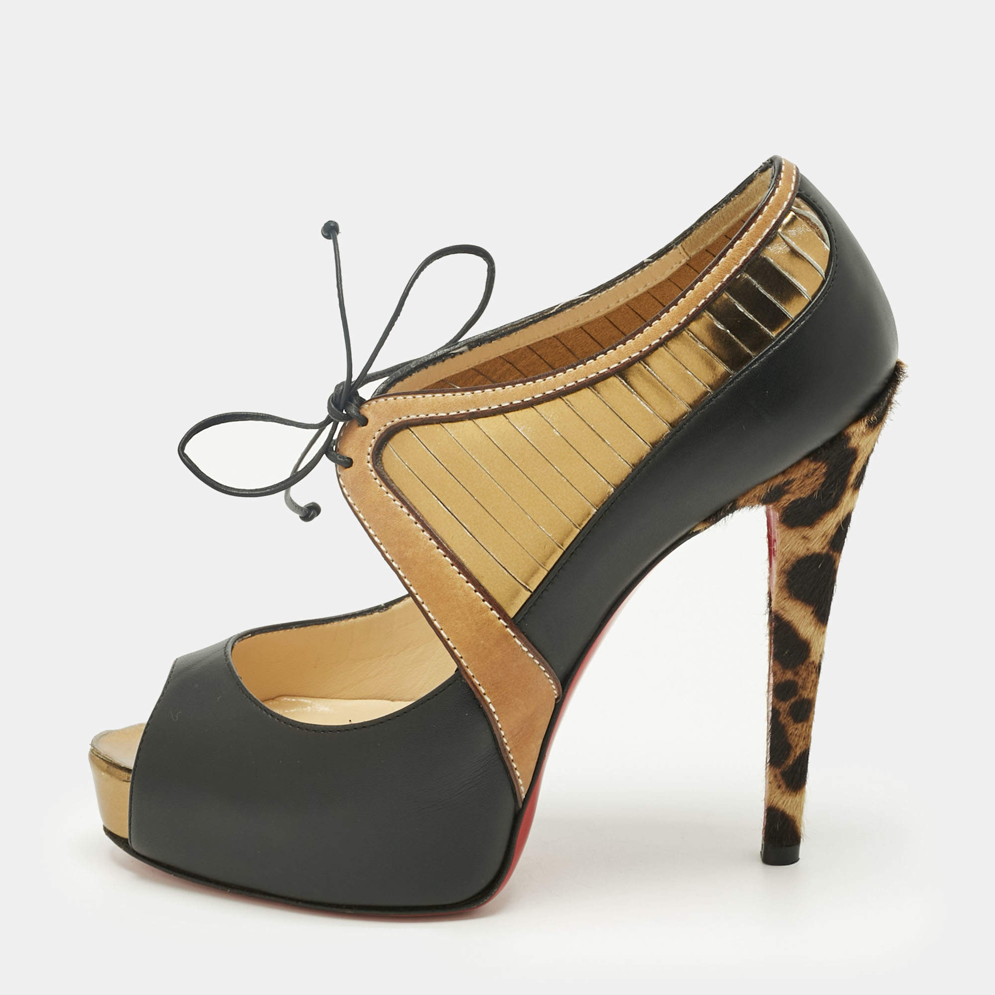 Pre Owned Christian Louboutin Black Calf Hair and Leather Peep Toe Pumps Size 37