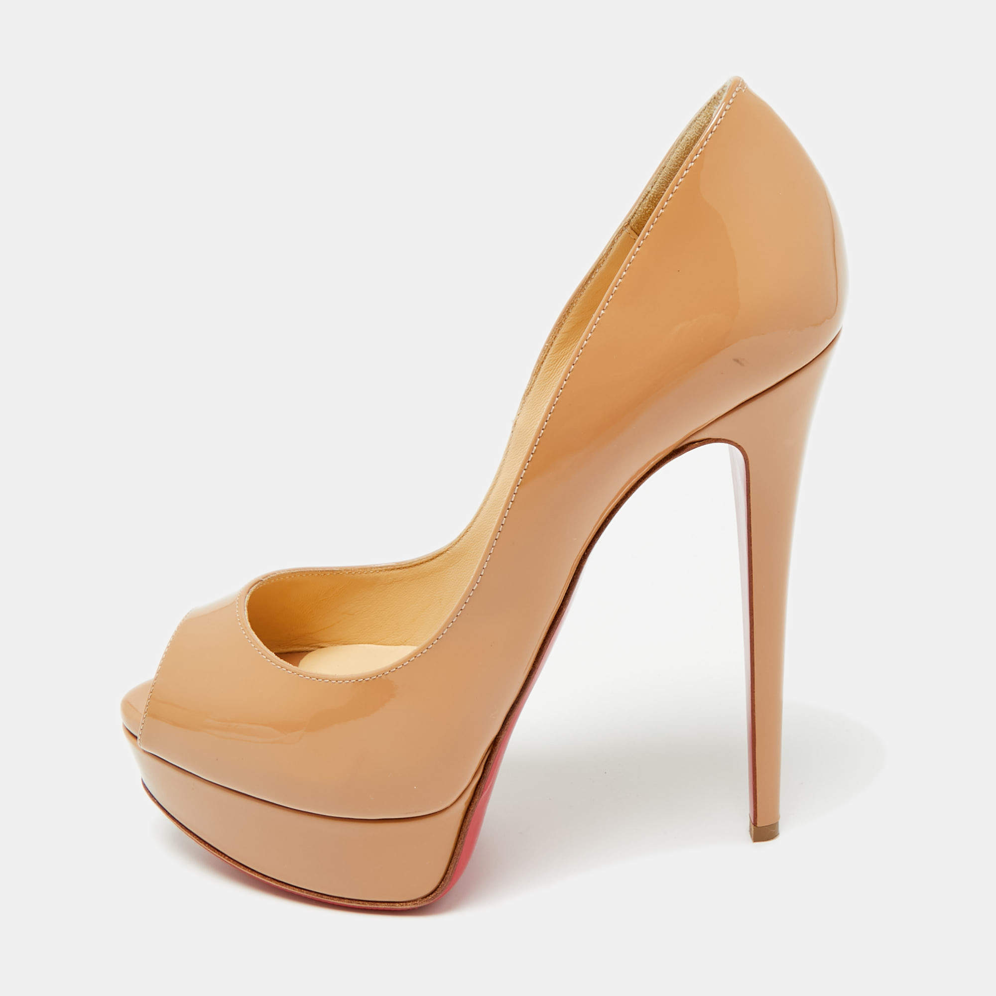 Pre Owned Christian Louboutin Beige Patent Leather Lady Peep Peep Toe Pumps Size 36