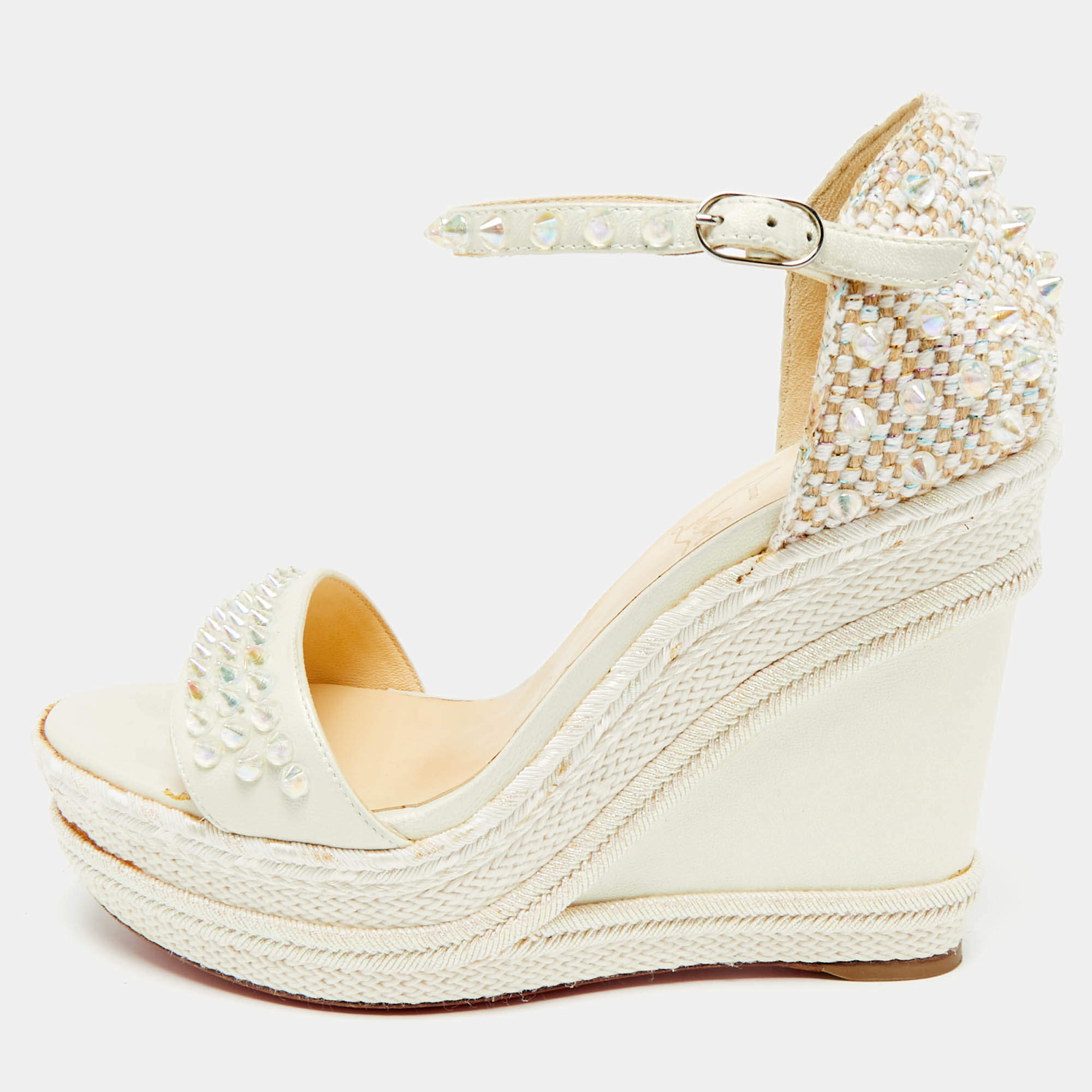 Pre Owned Christian Louboutin Ivory Leather and Woven Fabric Madmonica Spiked Espadrille Wedge Sandals Size 37