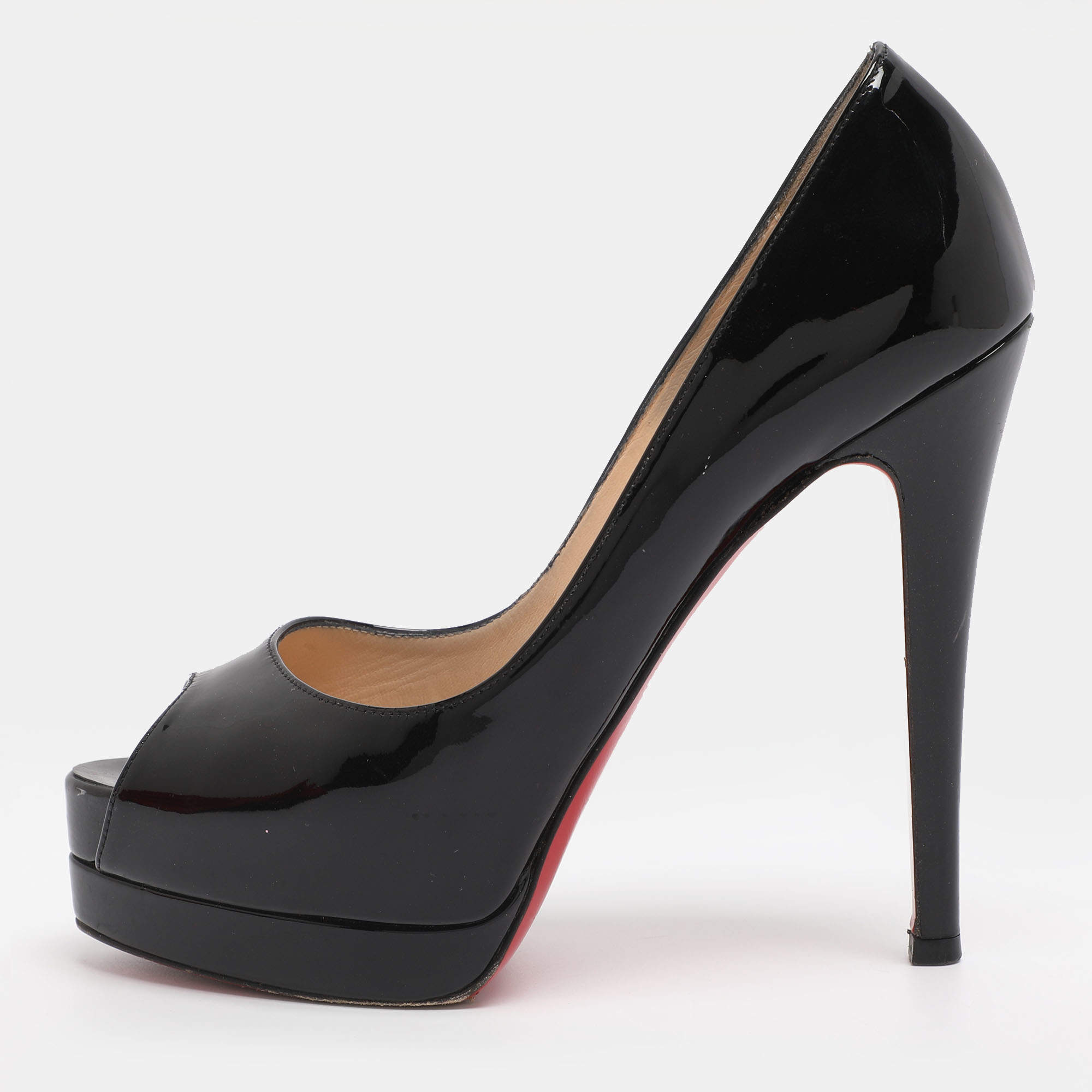 Pre Owned Christian Louboutin Black Patent Leather Lady Peep Toe Platform Pumps Size 35