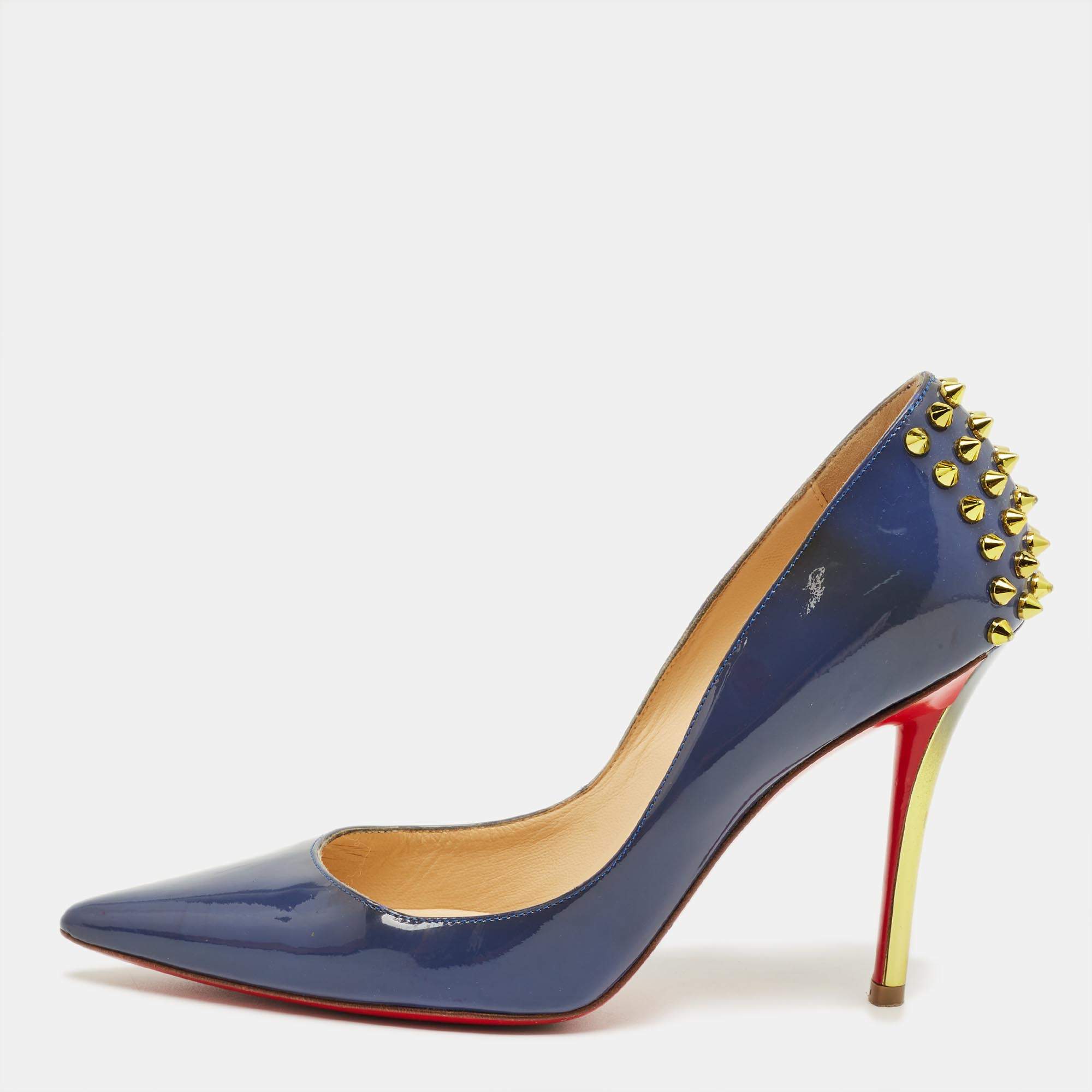 Pre Owned Christian Louboutin Blue Patent Leather Spike Zappa Pumps Size 36.5