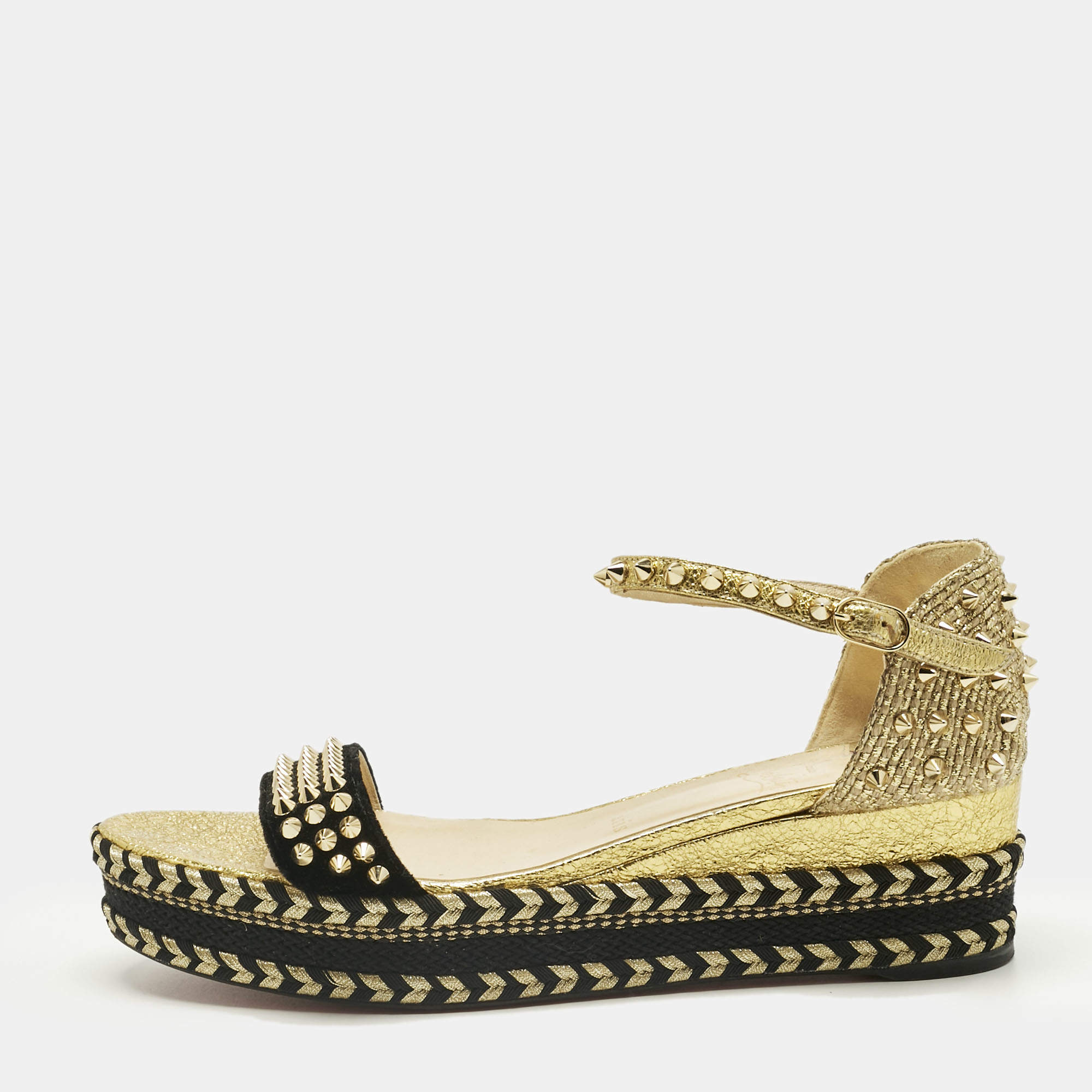 Pre Owned Christian Louboutin Gold Velvet and Straw Jute Spiked Espadrille Wedge Sandals Size 42