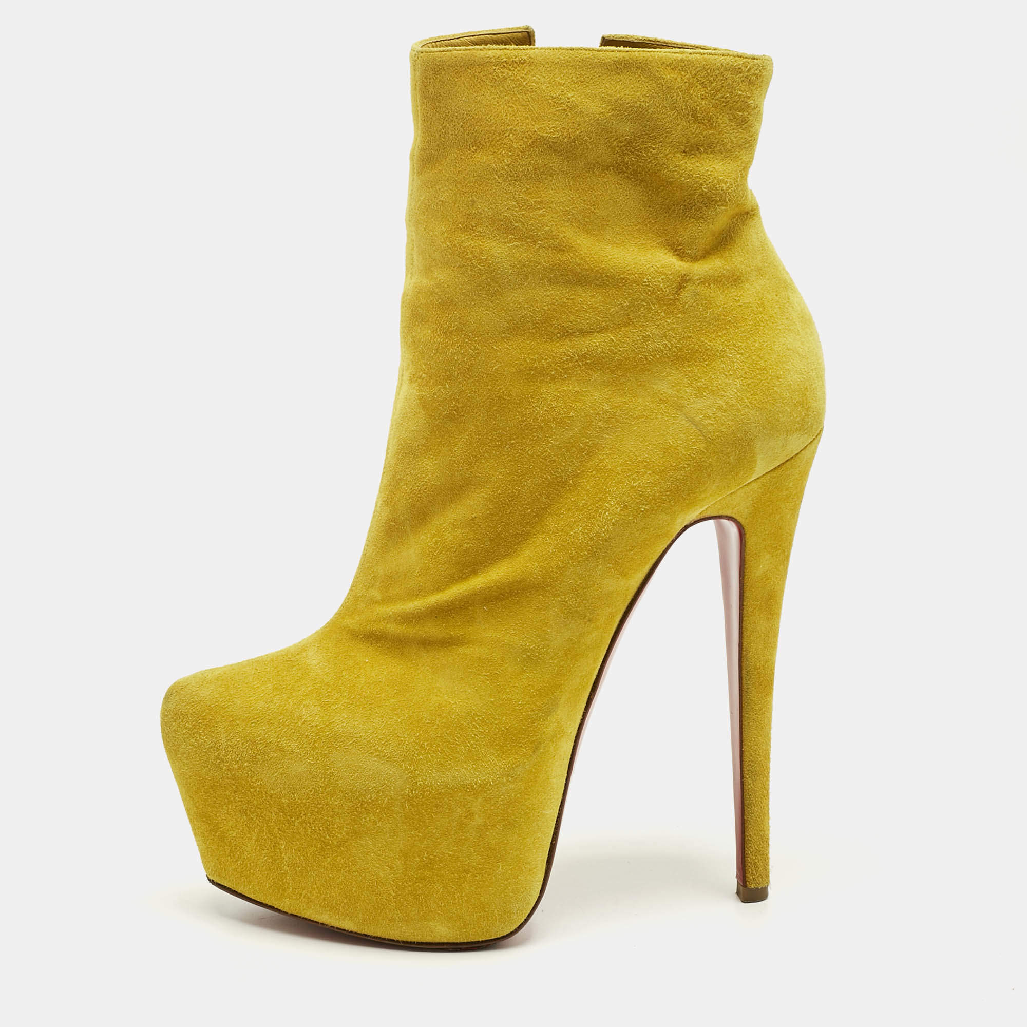 Pre Owned Christian Louboutin Yellow Suede Lady Daf Platform Ankle Boots Size 37