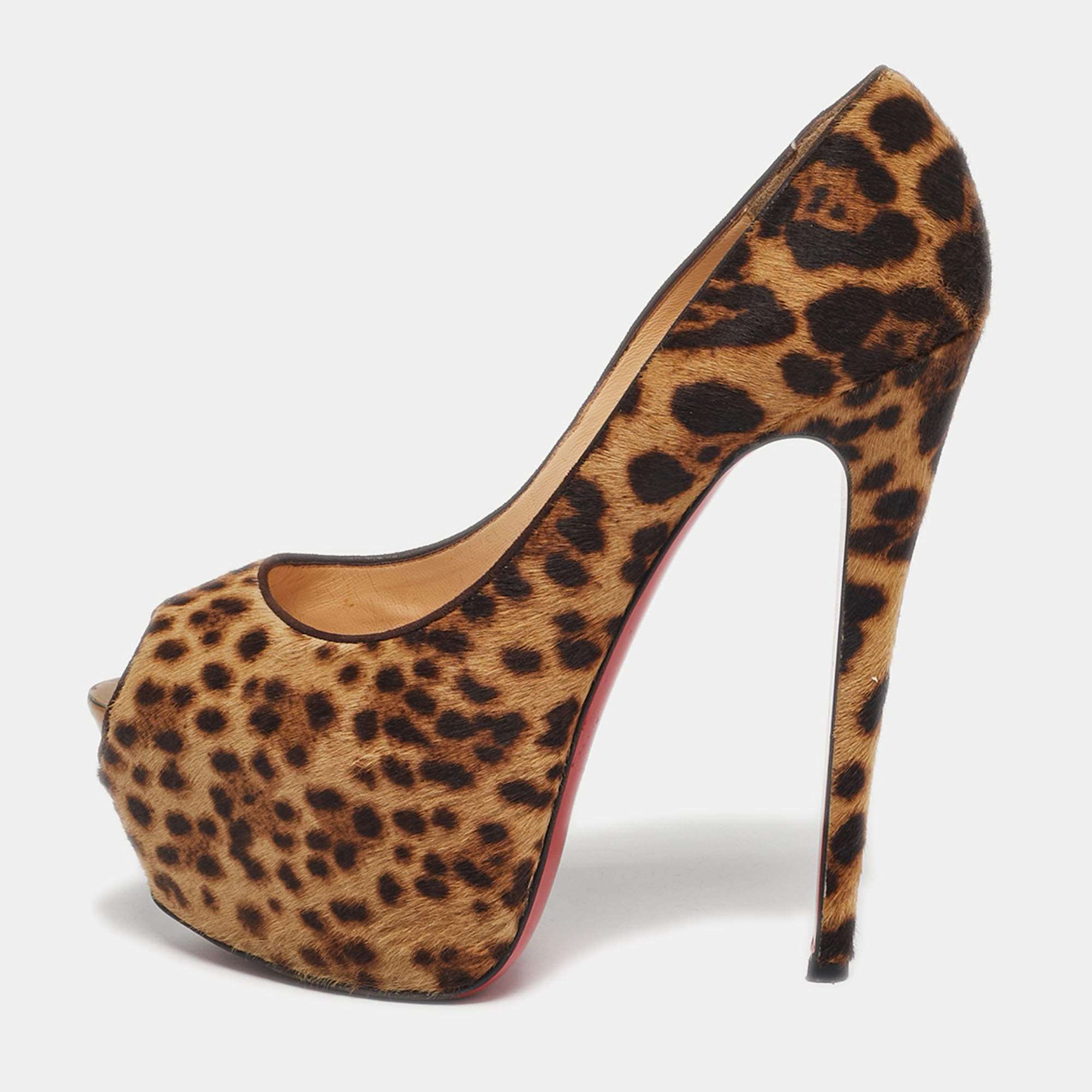 Pre Owned Christian Louboutin Brown Leopard Print Calf Hair Highness Peep Toe Platform Pumps Size 40.5
