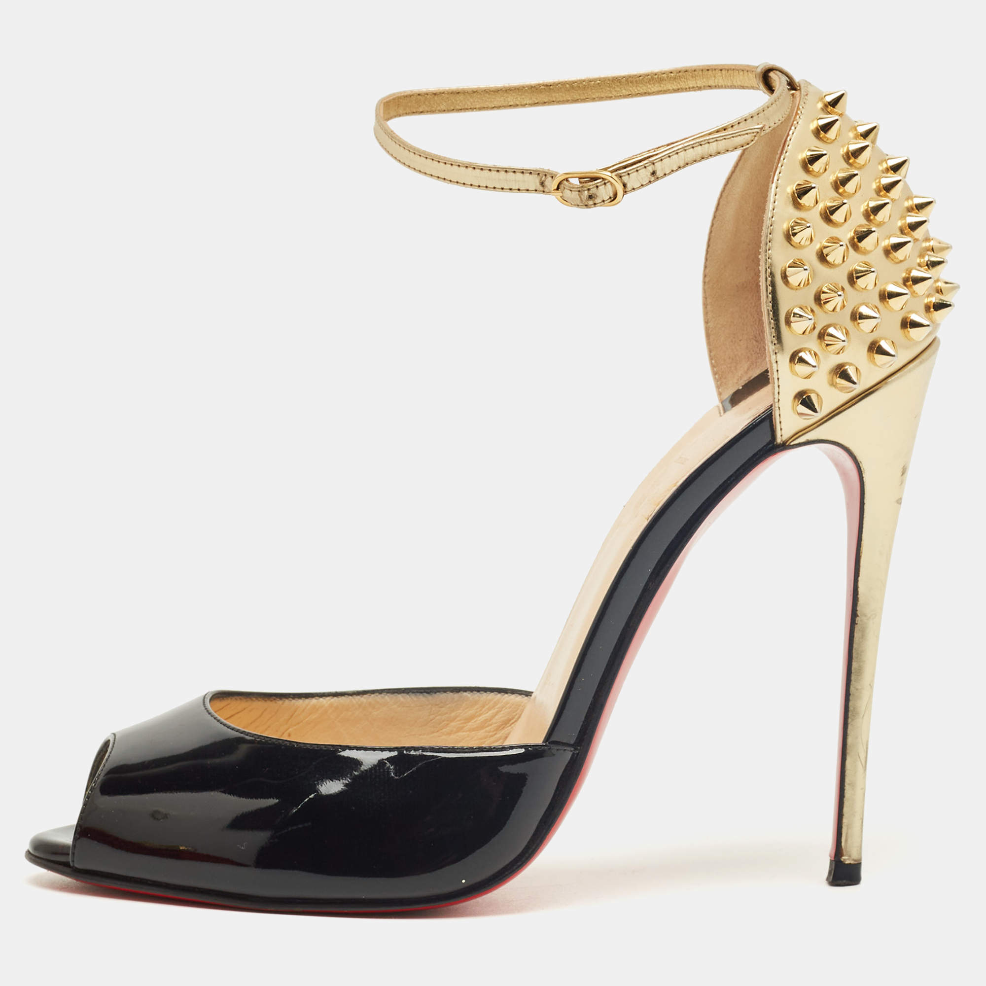 Pre Owned Christian Louboutin Black Patent and Leather Pina Spike Ankle Strap Sandals Size 38.5