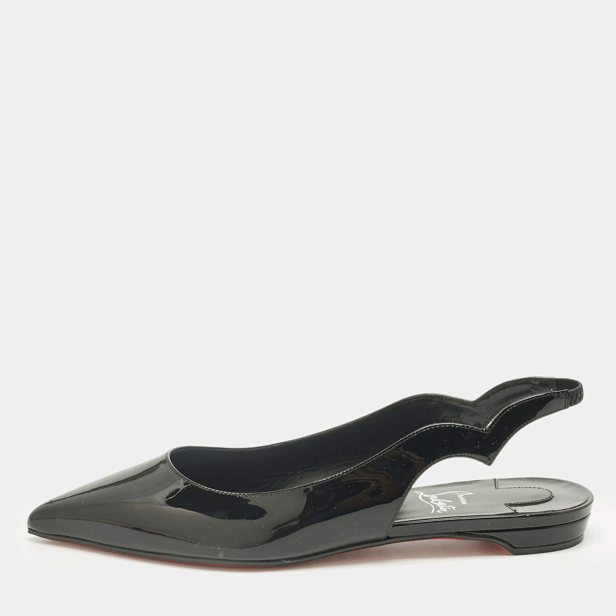 Pre Owned Christian Louboutin Black Patent Leather Hot Chickita Slingback Flats Size 37.5
