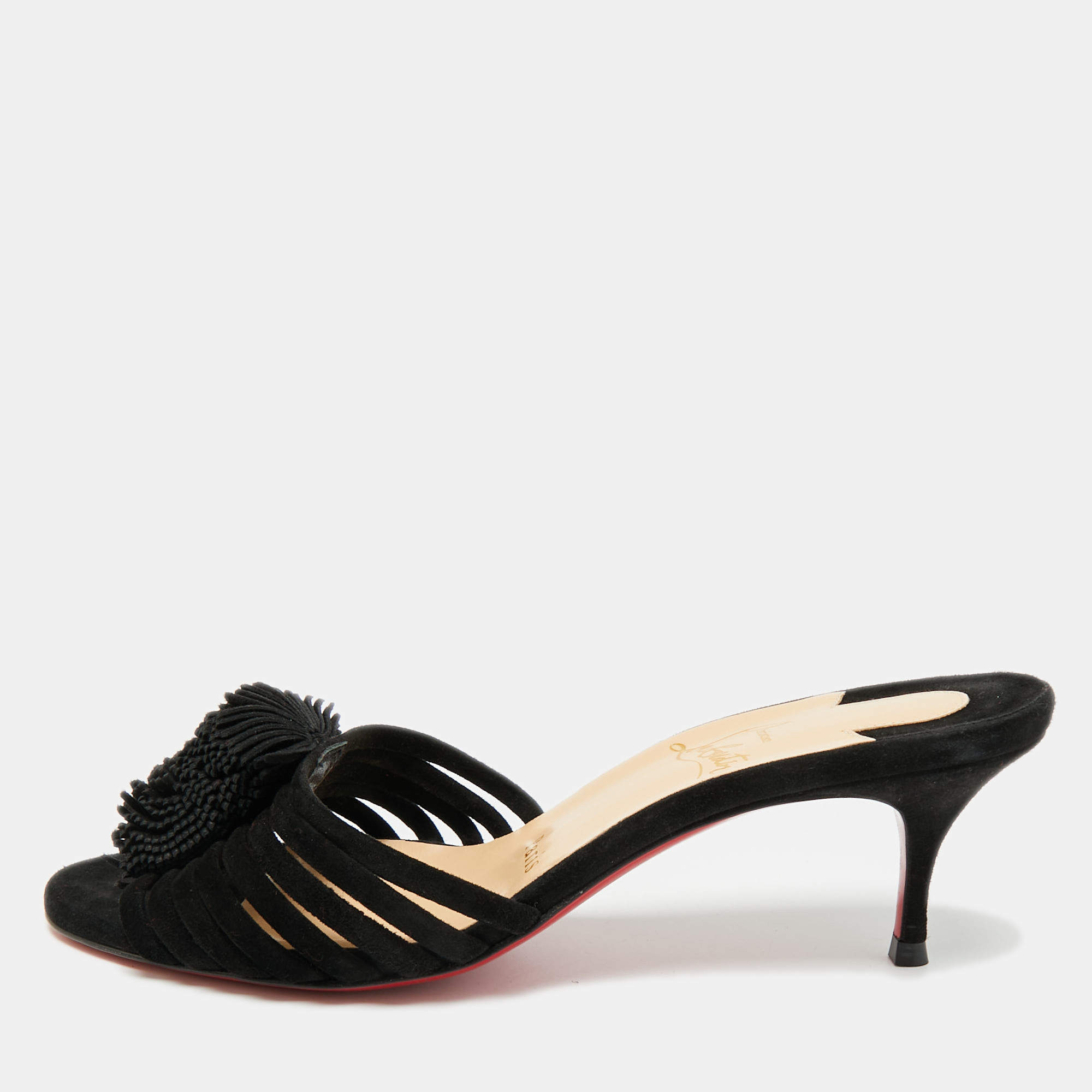 Pre Owned Christian Louboutin Black Suede Belbrossa Pompm Slide Sandals Size 37