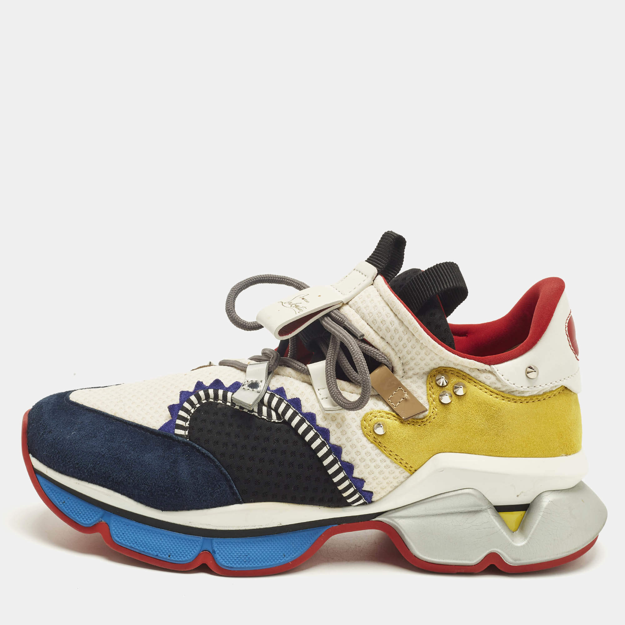 Pre Owned Christian Louboutin Multicolor Leather and Mesh Red Runner Lace Up Sneakers Size 41